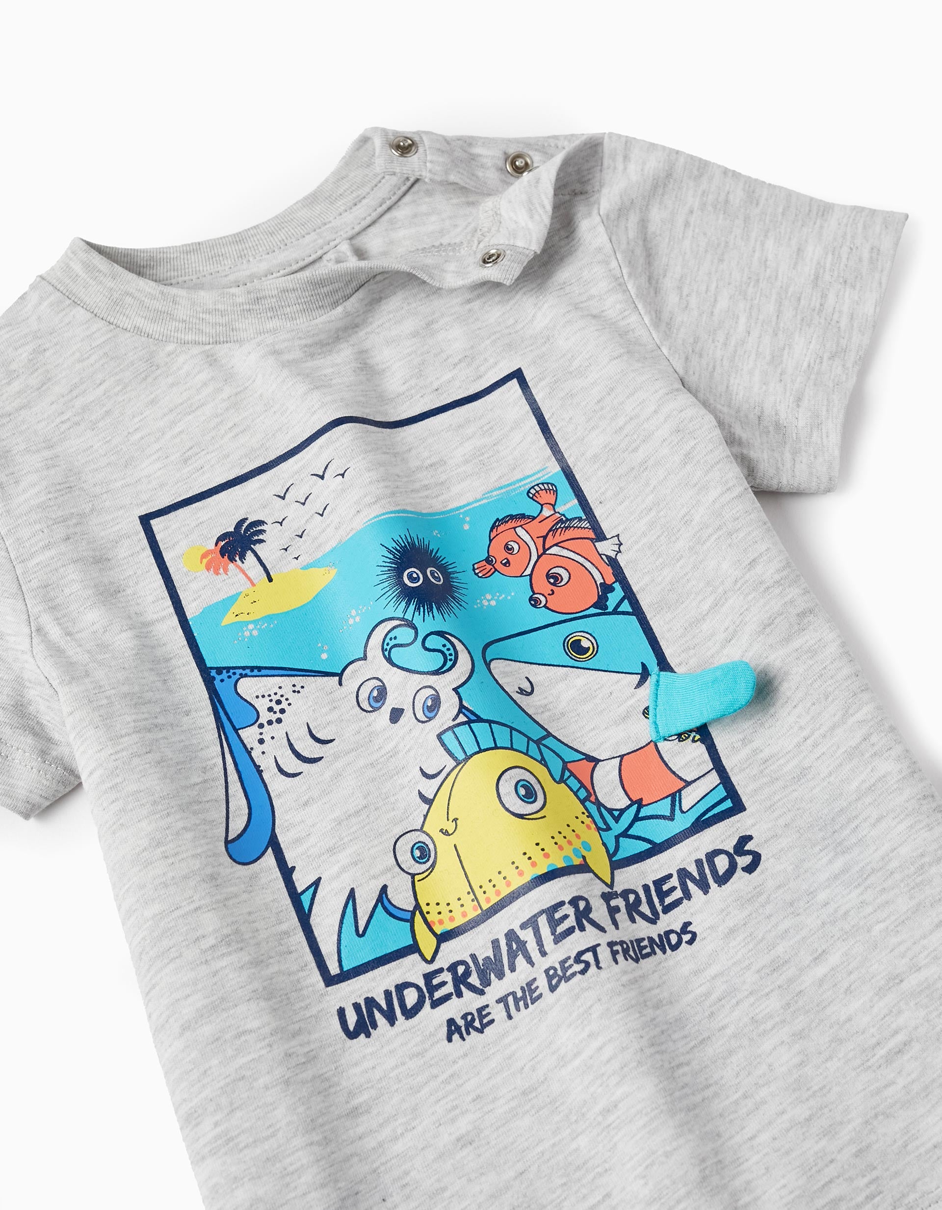 Cotton T-shirt with Printed Design for Baby Boys 'Friends&Sea', Grey