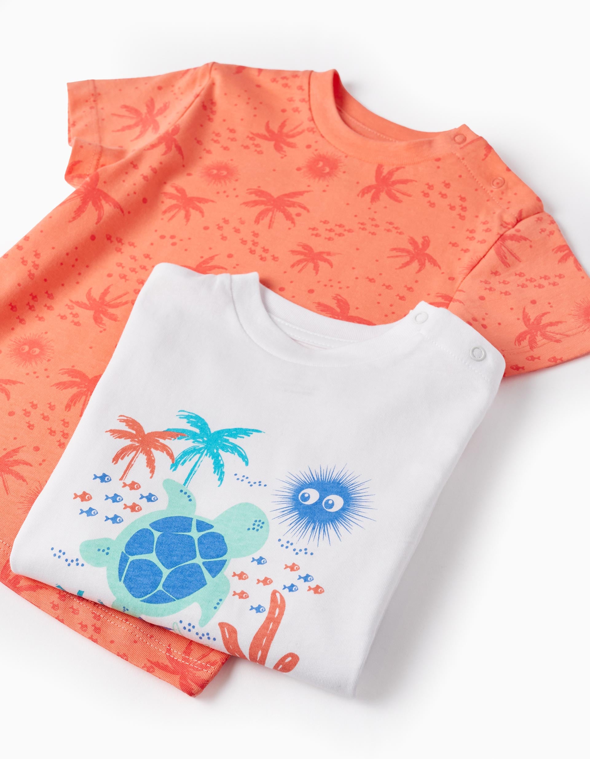 2 Cotton T-shirts for Baby Boys 'Sea Animals', White/Coral