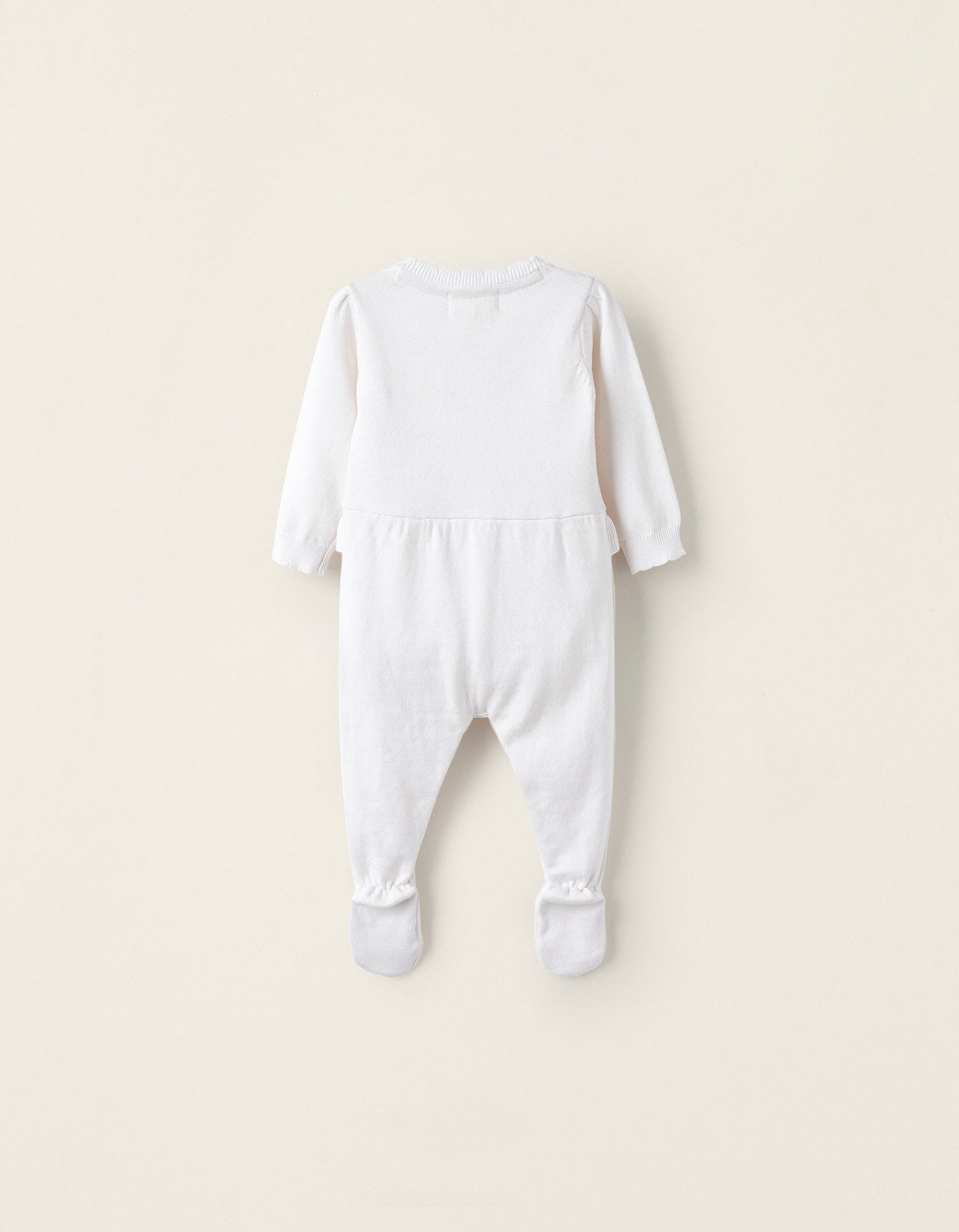 Knitted Jumpsuit with Ruffles and Feet for Newborn Girls 'Rabbit', White