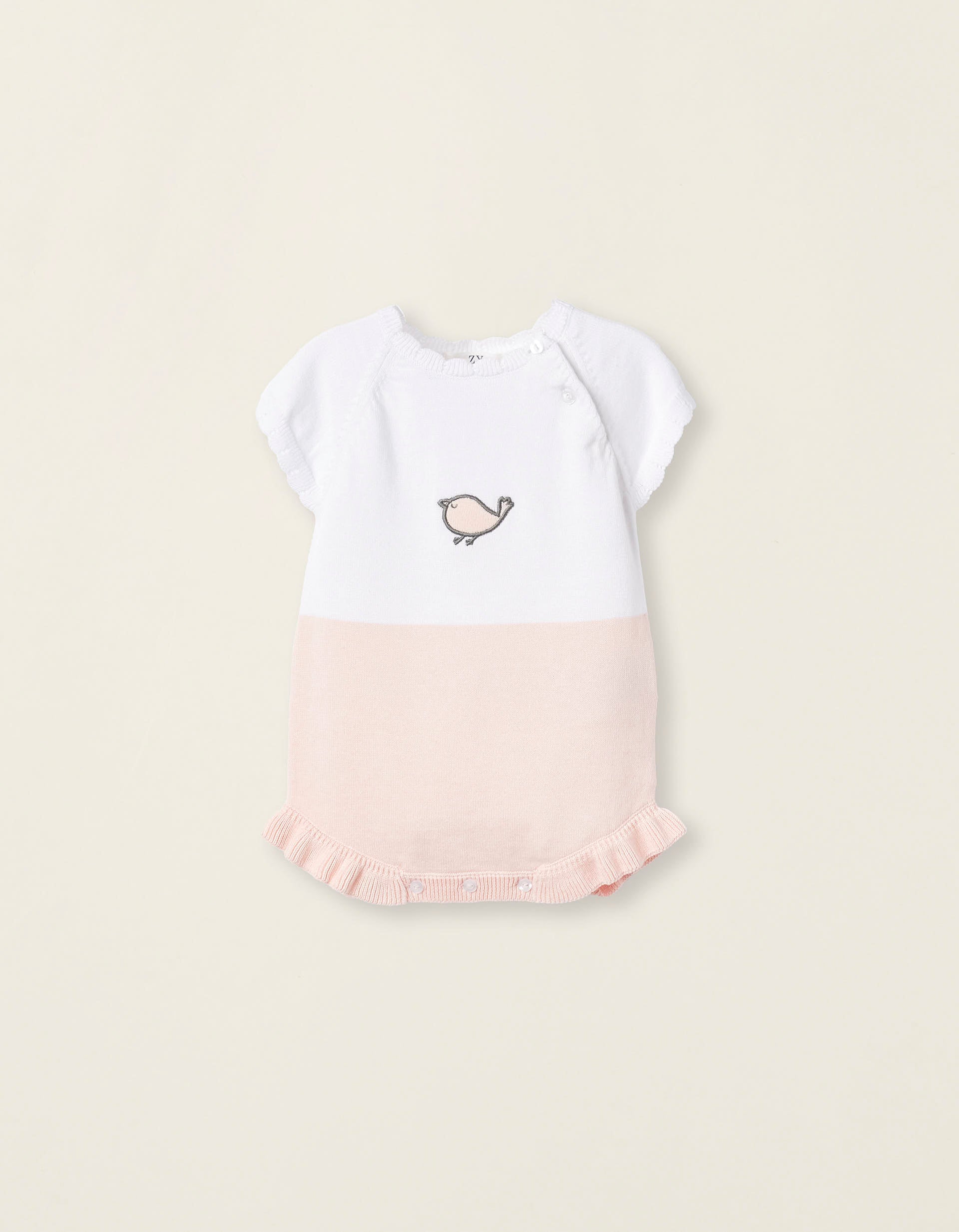 Short Knit Romper for Newborn Baby Girls 'Little Bird', White/Pink