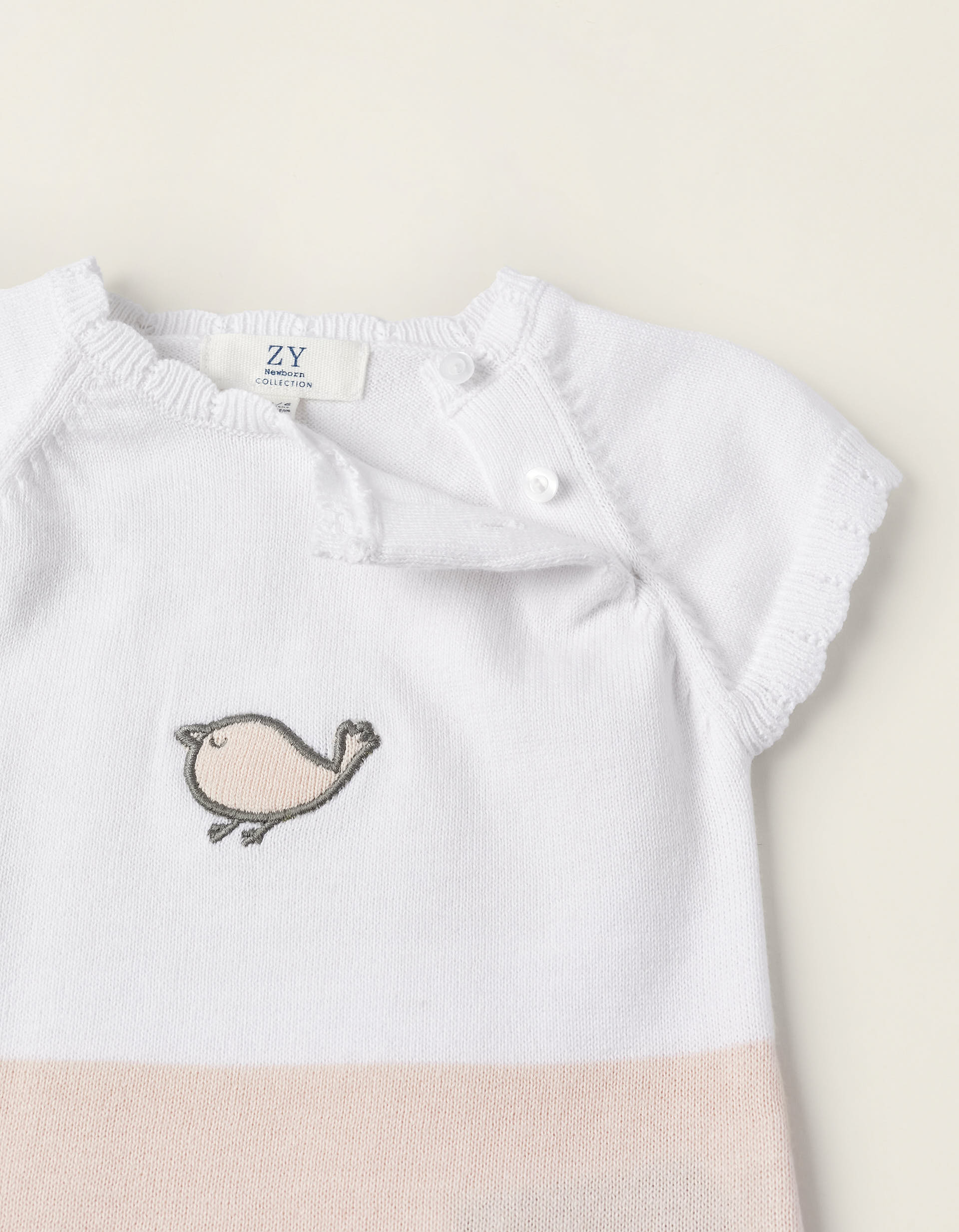 Short Knit Romper for Newborn Baby Girls 'Little Bird', White/Pink