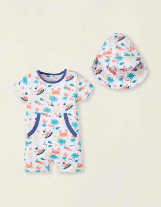 Hat + Jumpsuit for Newborns Boys 'Crabs', White/Blue