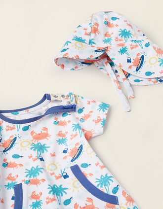 Hat + Jumpsuit for Newborns Boys 'Crabs', White/Blue