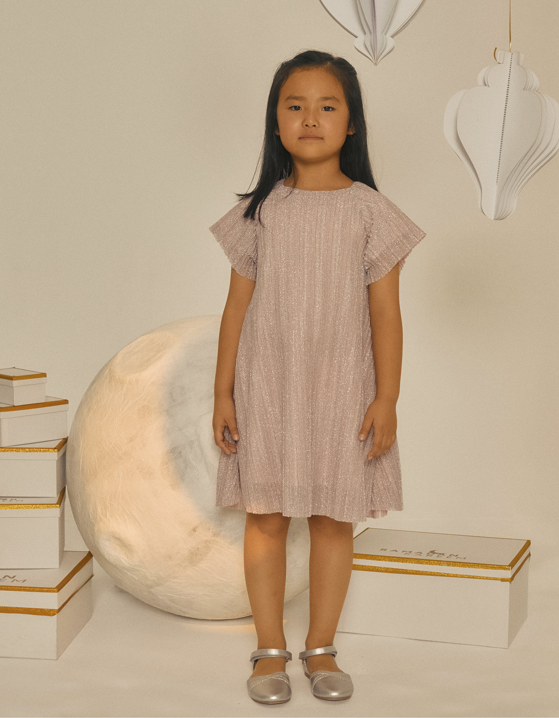 Pleated and Lurex Dress for Girls, Lilac/Silver