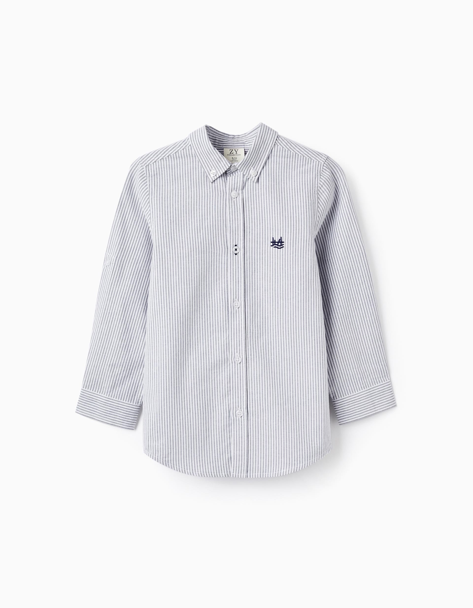 Camisa de Algodón a Rayas para Niño, Blanco/Gris