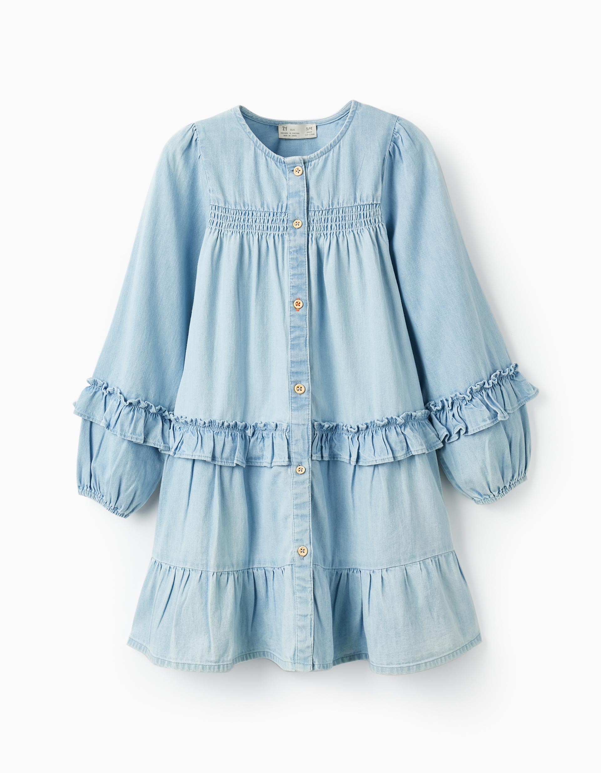 Dress in Lightweight Cotton Denim with Ruffles for Girls, Light Blue