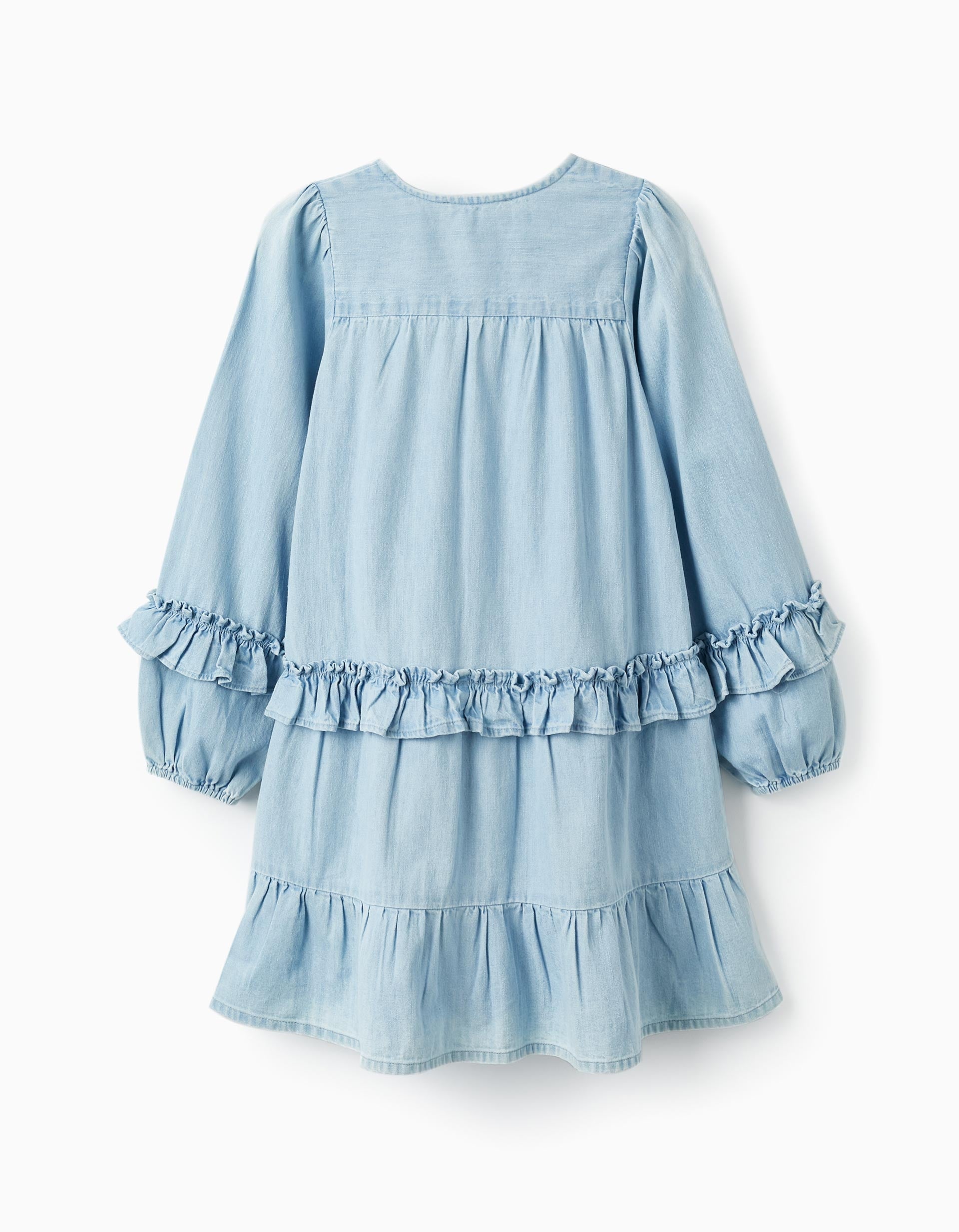 Dress in Lightweight Cotton Denim with Ruffles for Girls, Light Blue