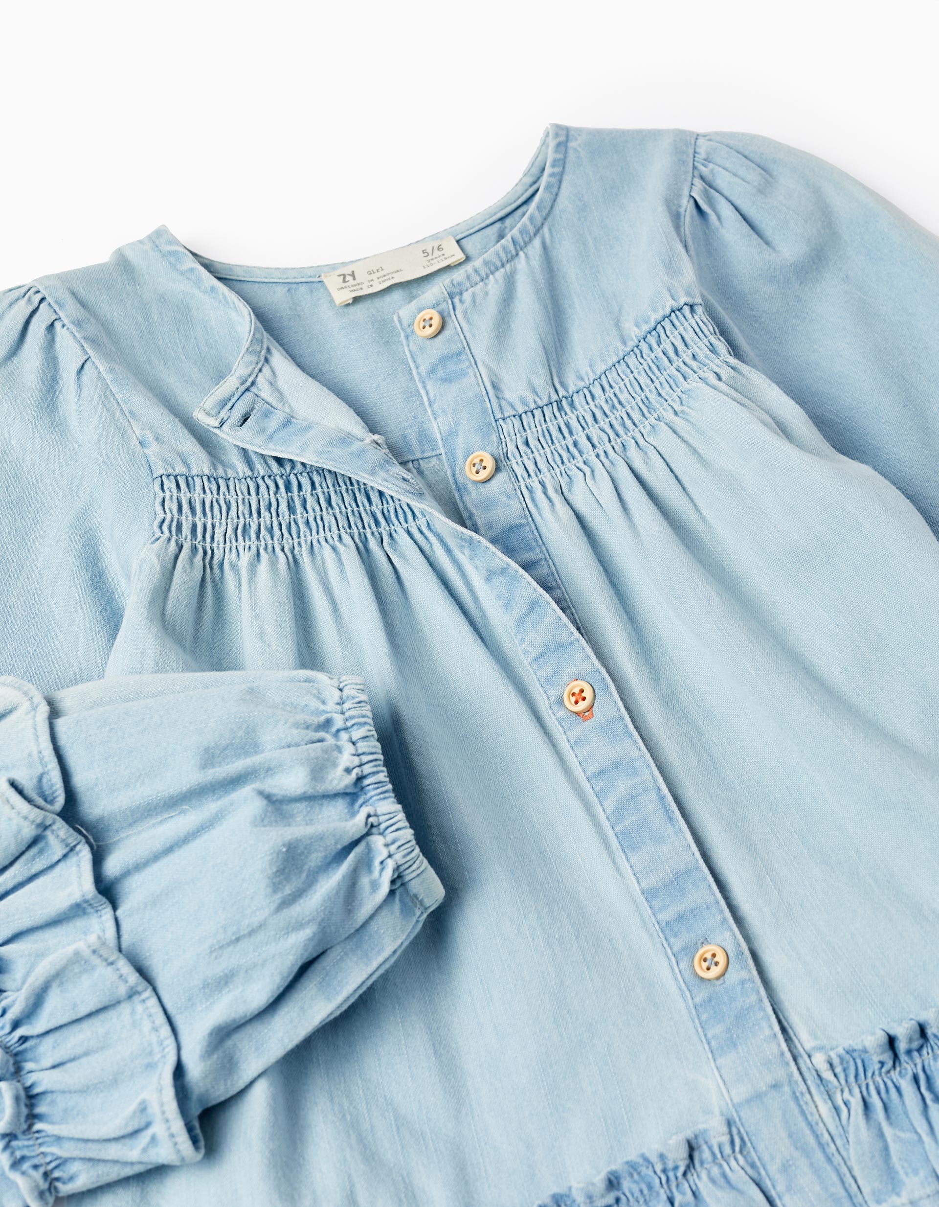 Dress in Lightweight Cotton Denim with Ruffles for Girls, Light Blue