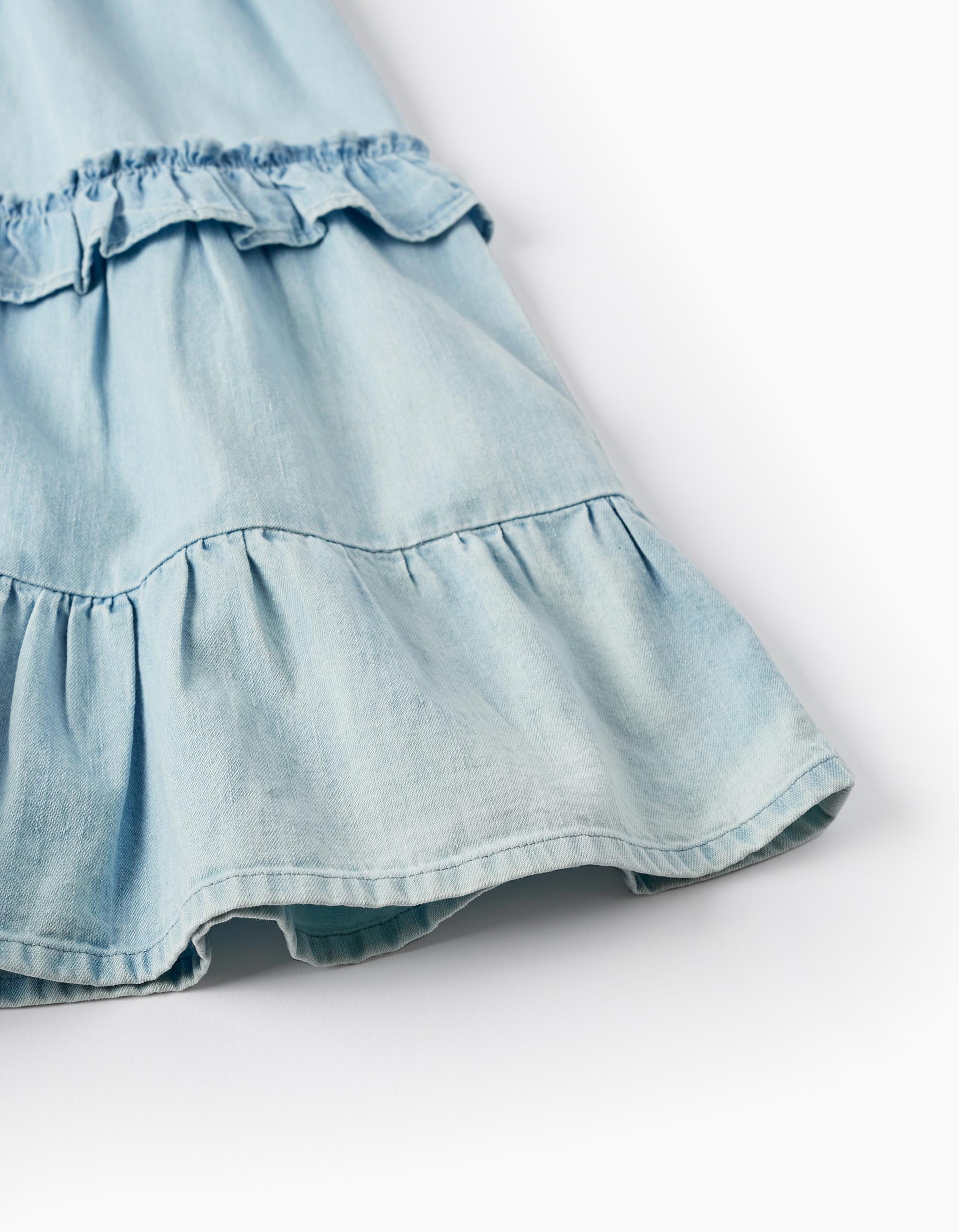 Dress in Lightweight Cotton Denim with Ruffles for Girls, Light Blue