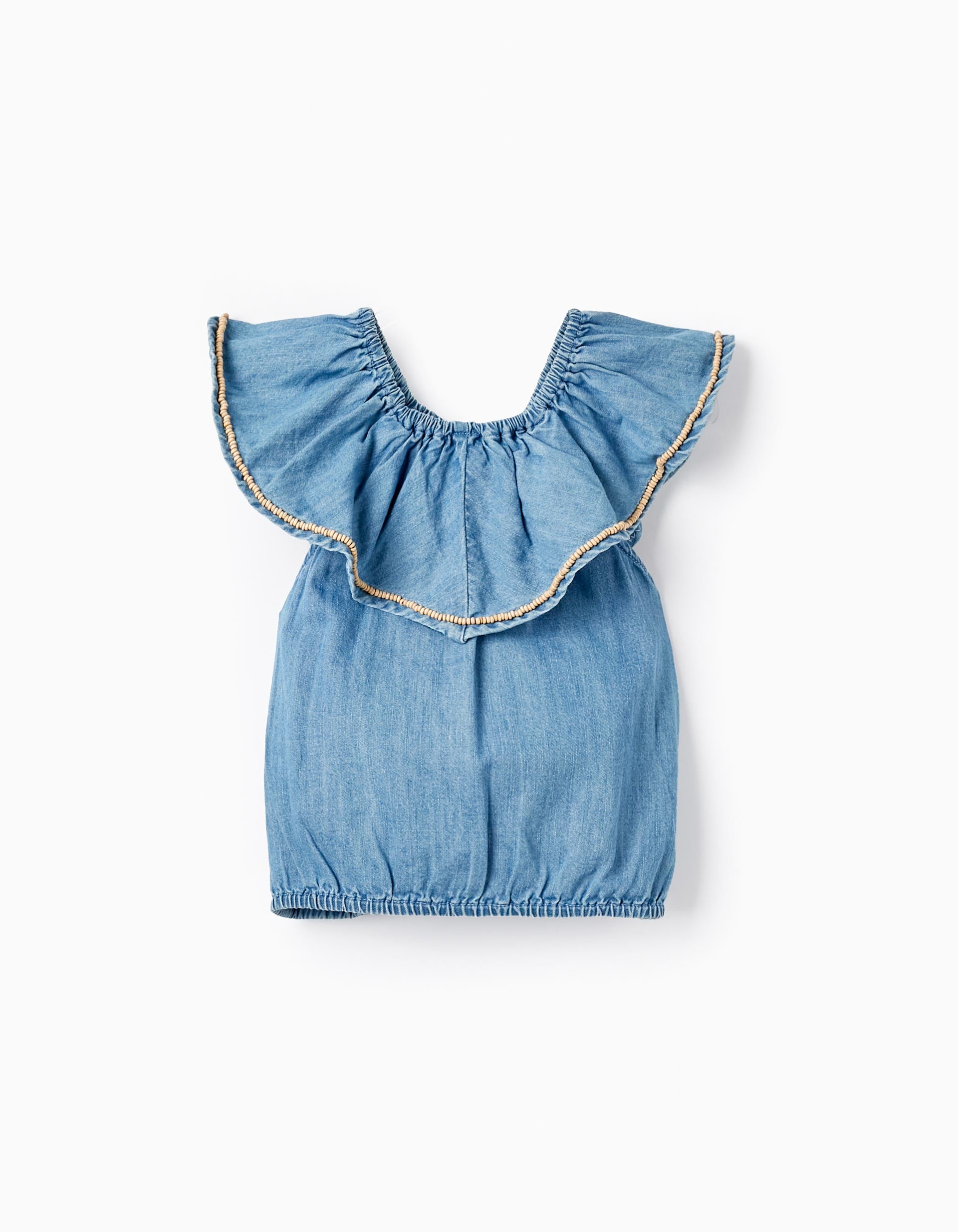 Blusa en Denim de Algodón con Abalorios para Niña, Azul Claro