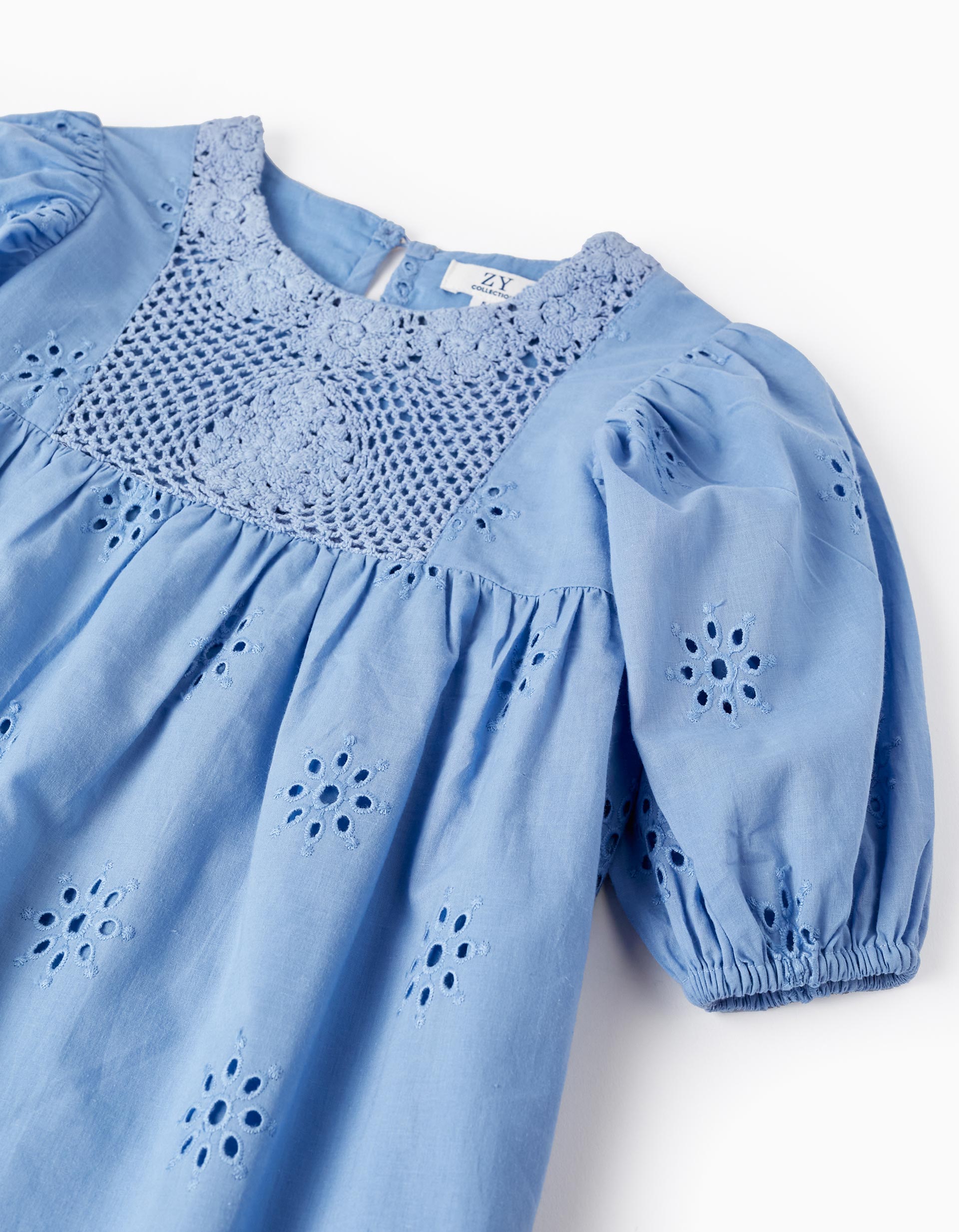 Cotton Dress with English Embroidery for Girls, Blue