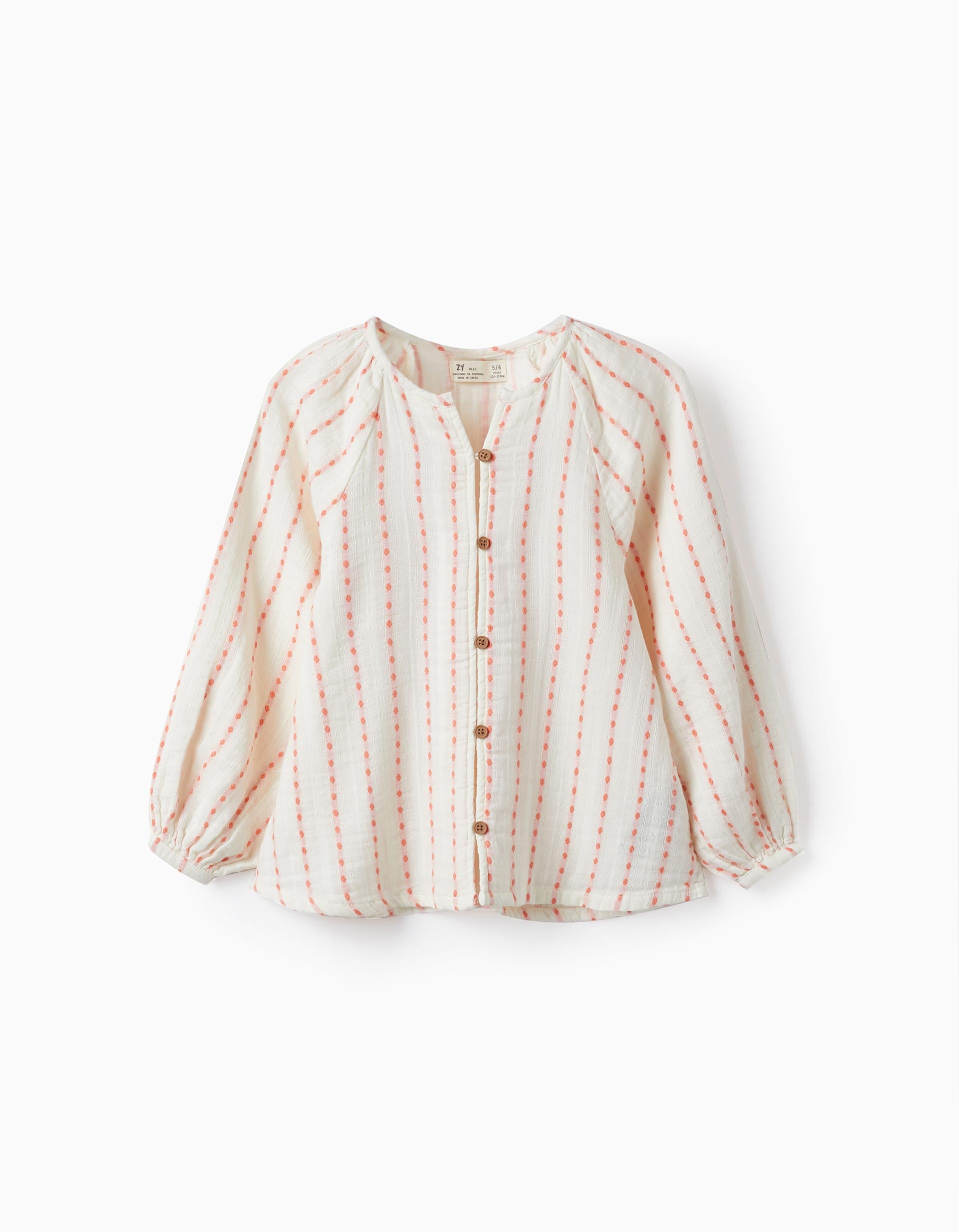 Camisa de Algodón para Niña, Blanco/Salmón