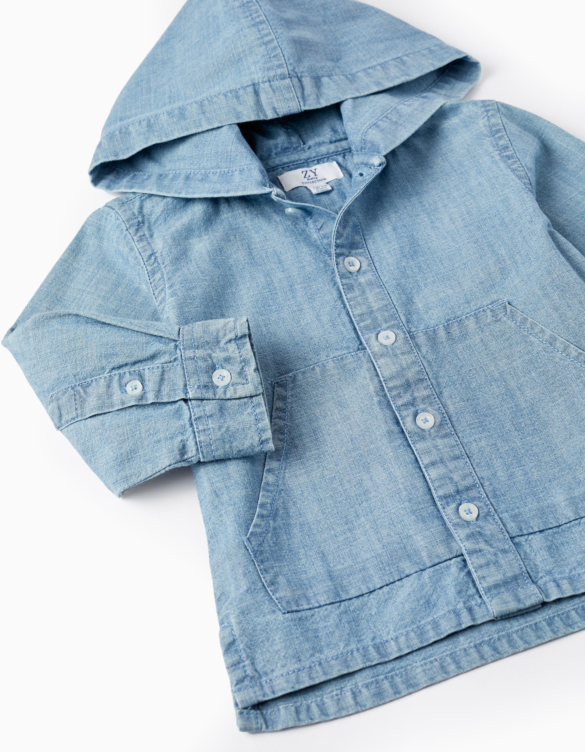 Camisa en Denim de Algodón con Capucha para Bebé Niño, Azul