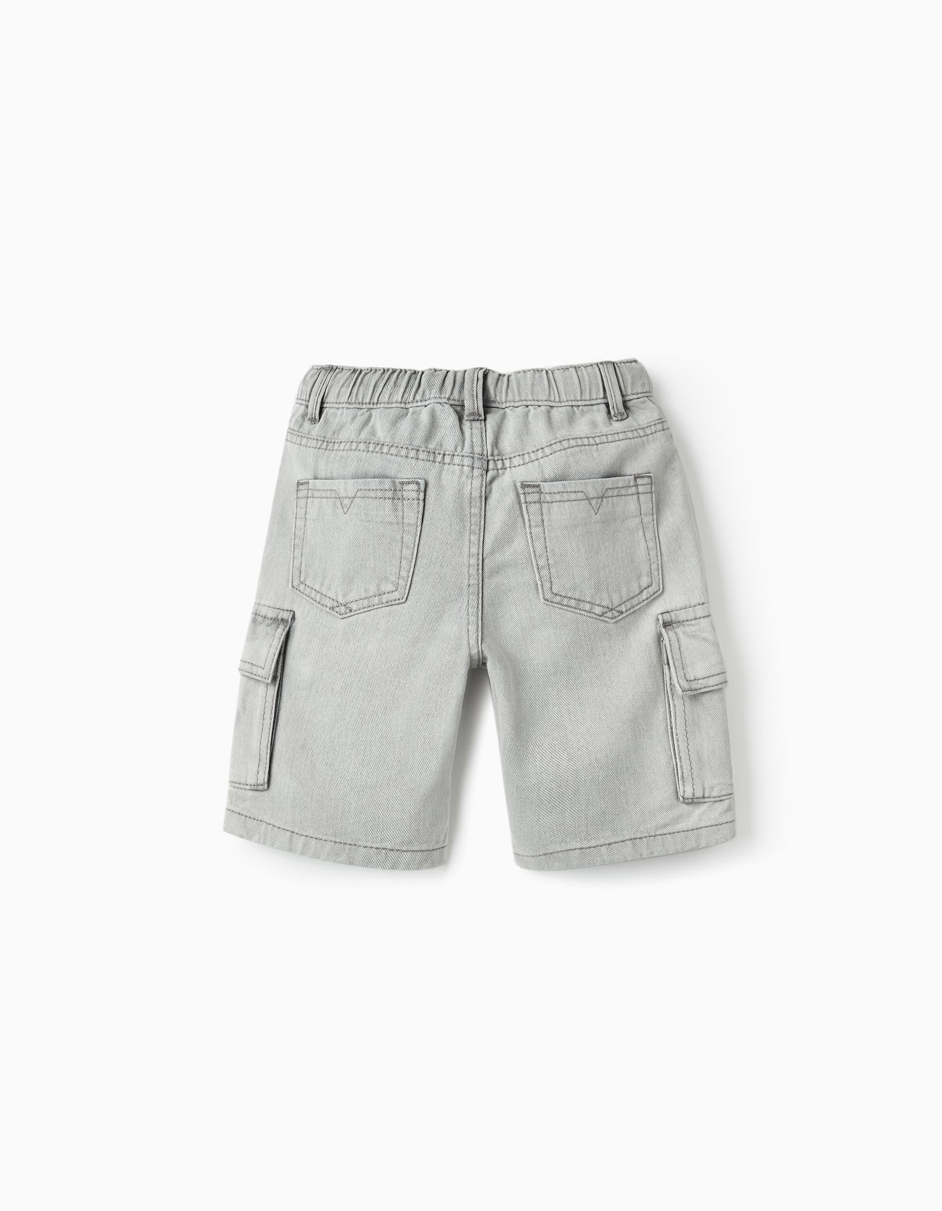 Pantalones Cortos de Algodón Vaquero con Bolsillos Cargo para Niño, Gris