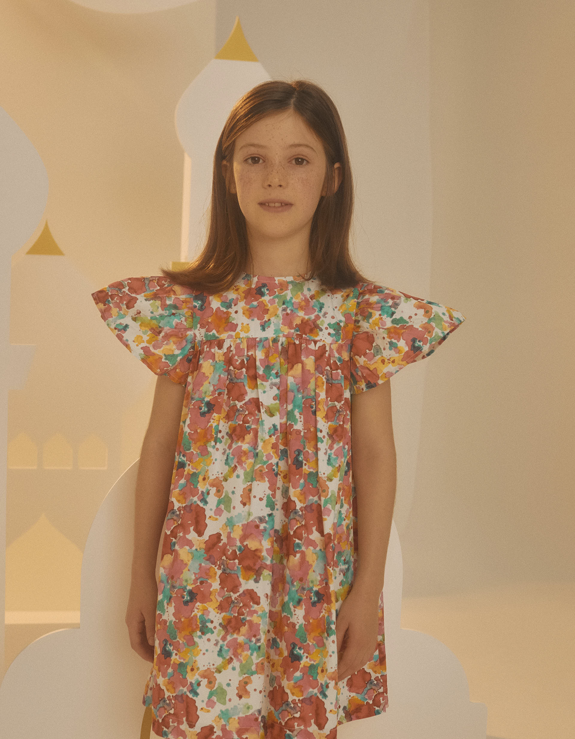 Vestido com Padrão Aguarela para Menina, Multicolor