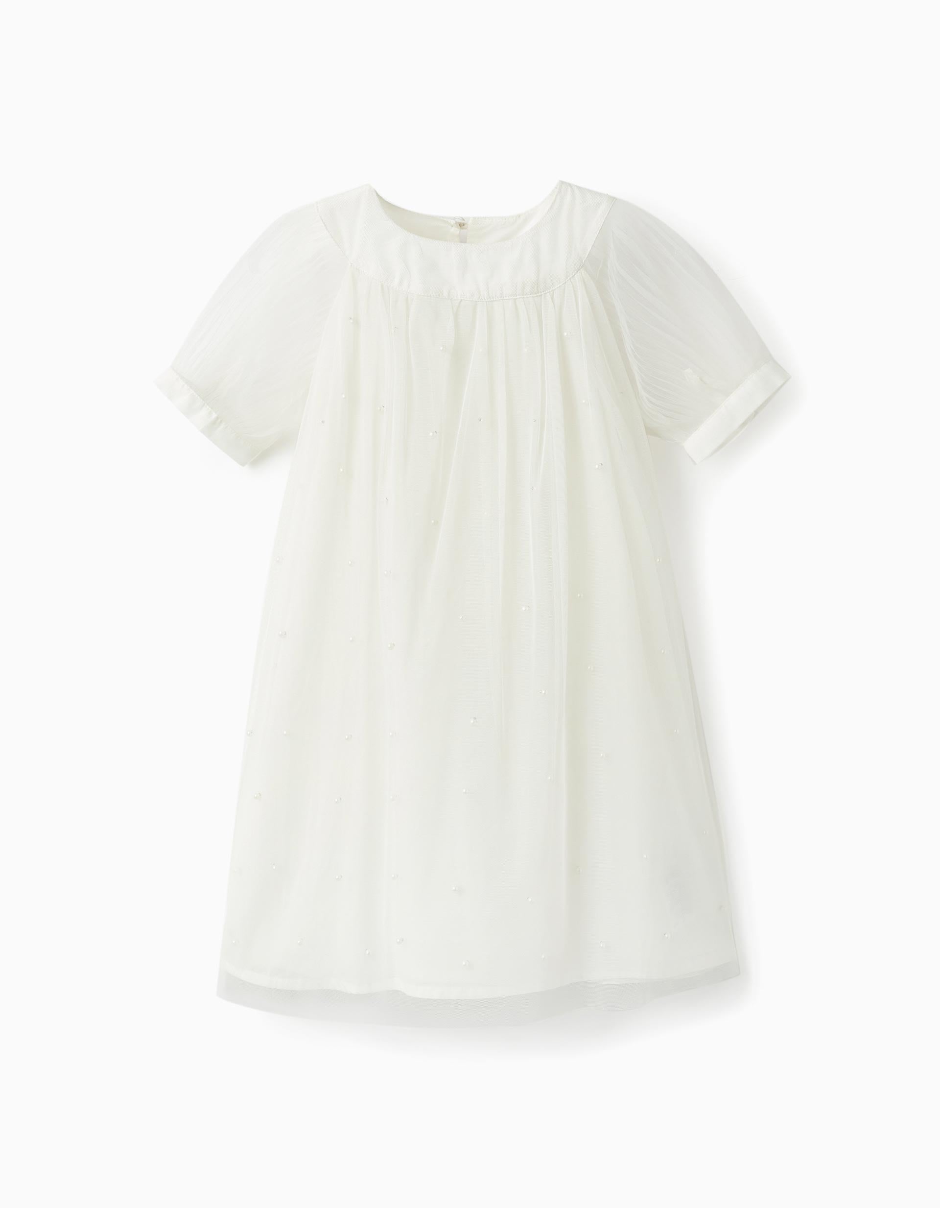 Vestido em Tule e Algodão para Menina, Branco