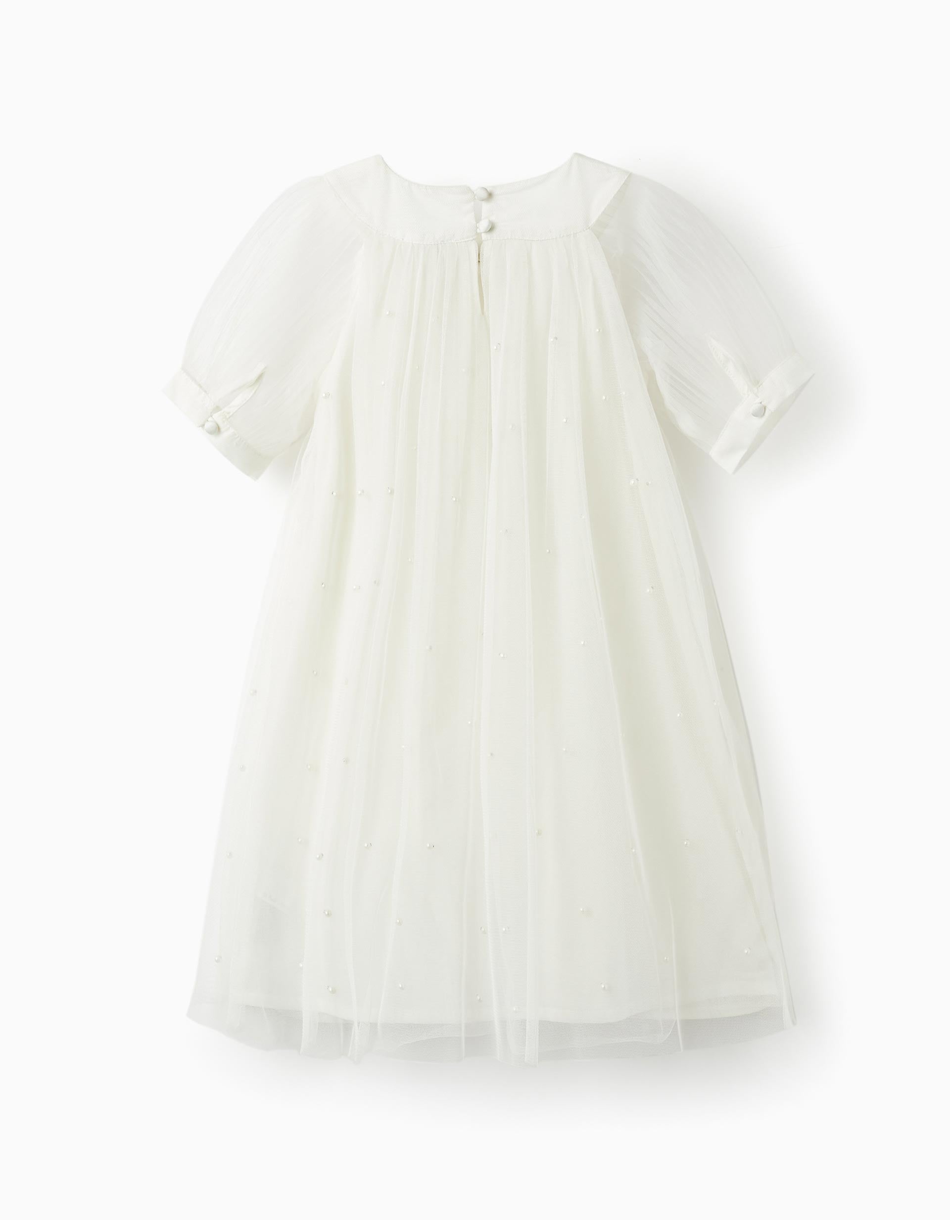 Vestido em Tule e Algodão para Menina, Branco