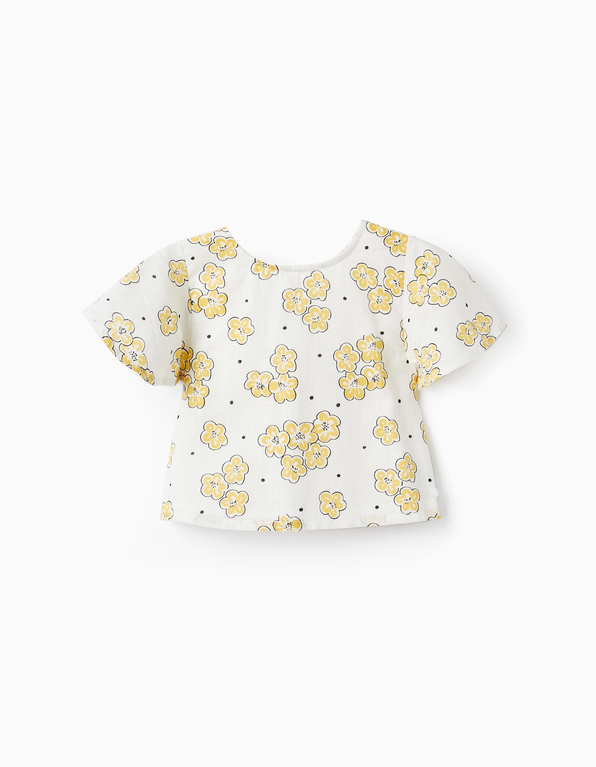 Blusa en Estilo Cropped con Estampado Floral y Lazos, Blanco/Amarillo