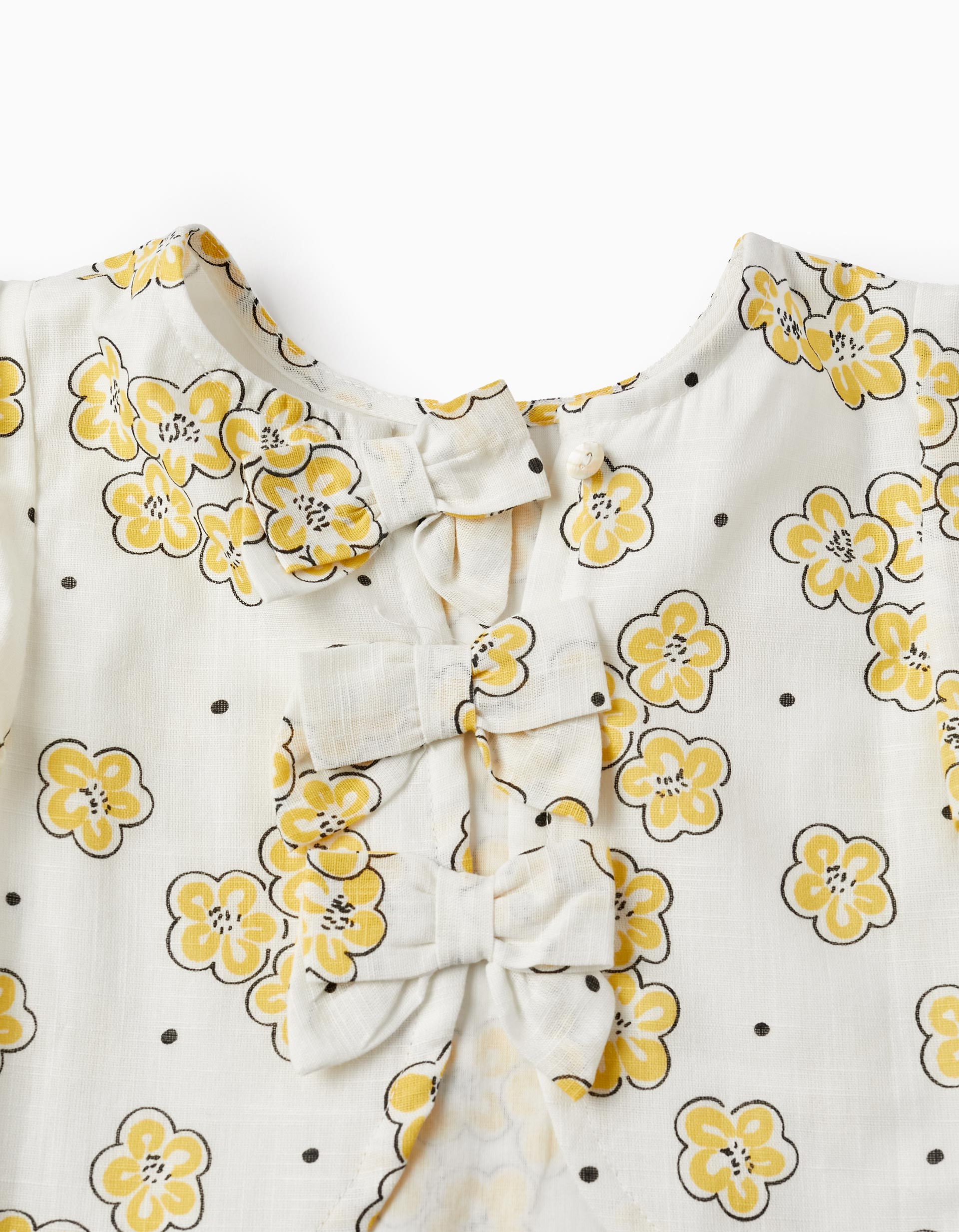 Blusa en Estilo Cropped con Estampado Floral y Lazos, Blanco/Amarillo