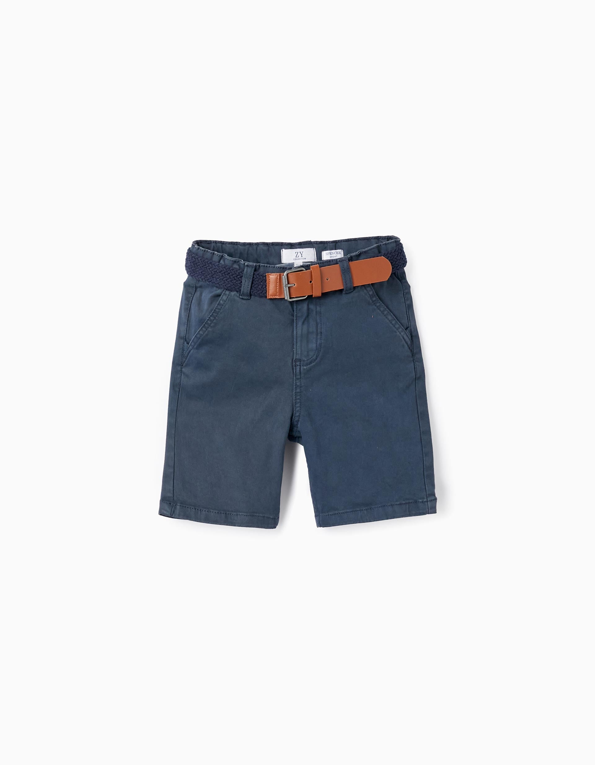 Short Chino En Sergé Avec Ceinture Pour Garçon, Bleu Foncé