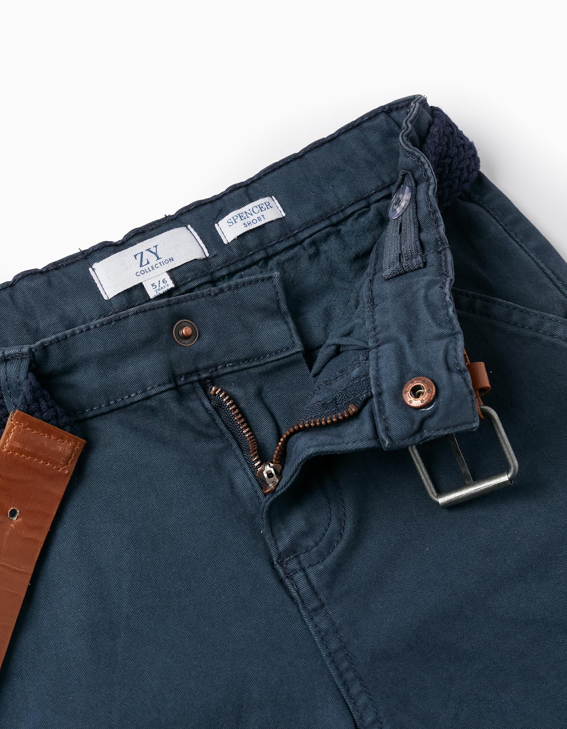 Short Chino En Sergé Avec Ceinture Pour Garçon, Bleu Foncé