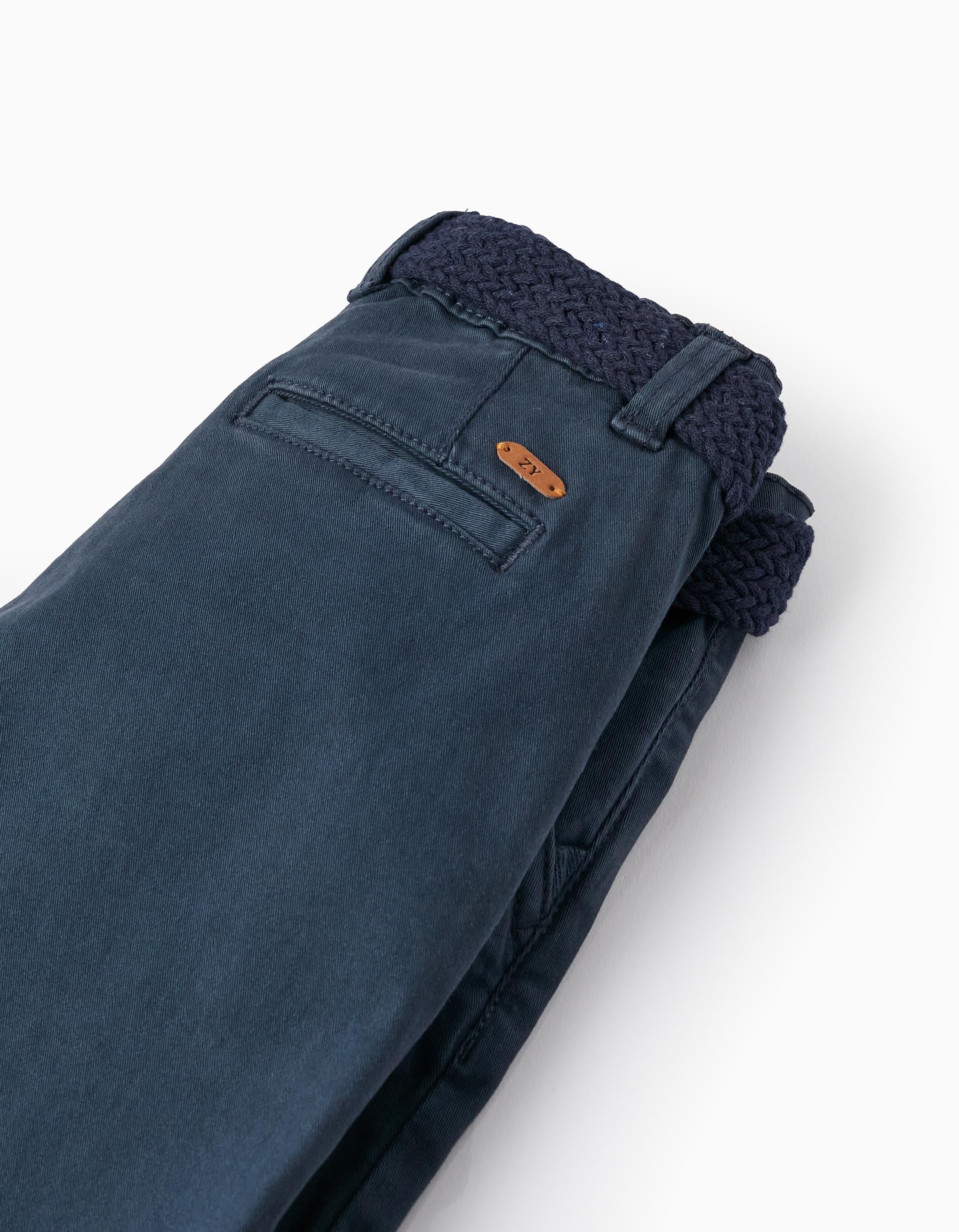 Short Chino En Sergé Avec Ceinture Pour Garçon, Bleu Foncé