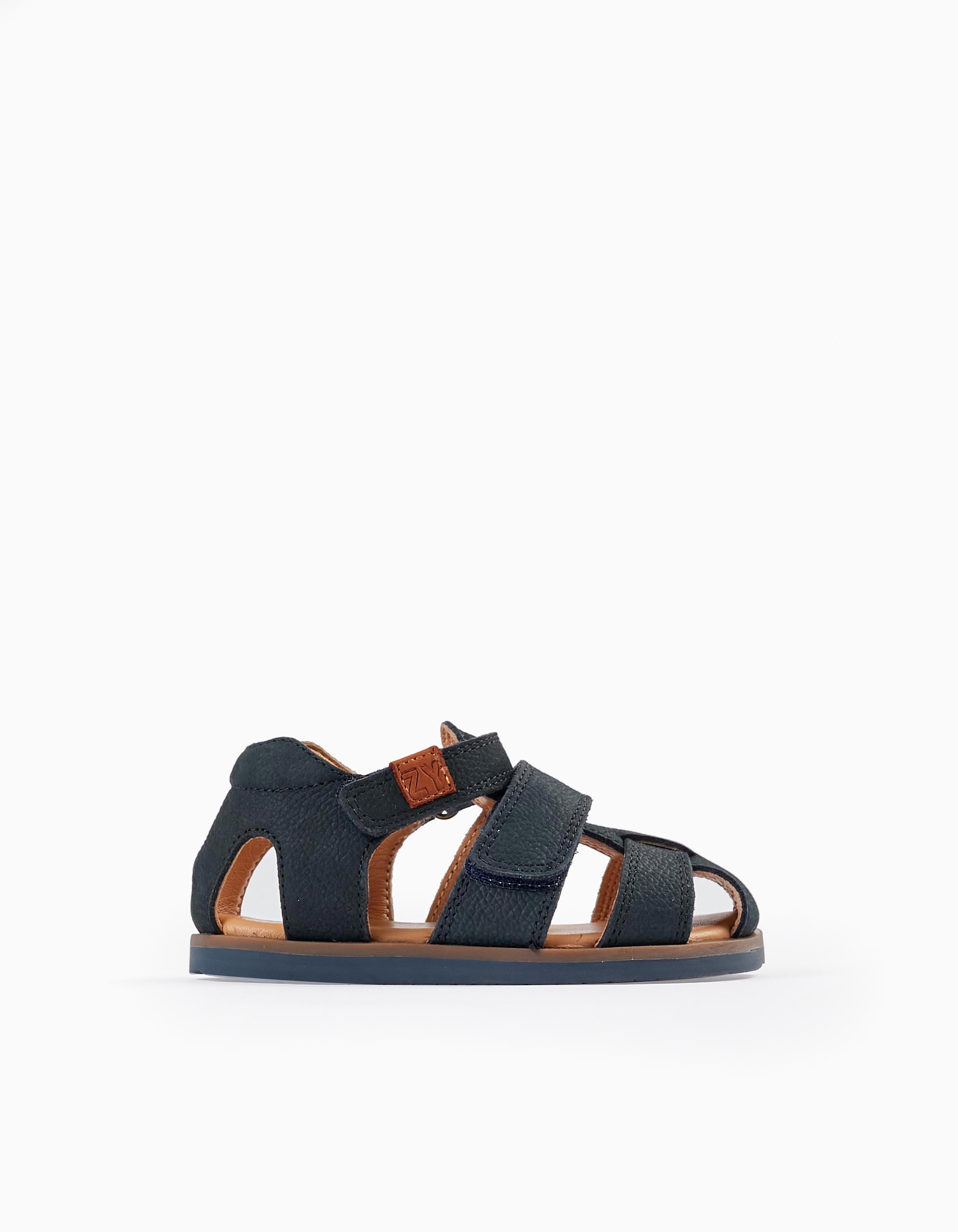 Sandalias con Tiras de Cuero para Bebé Niño, Azul Oscuro