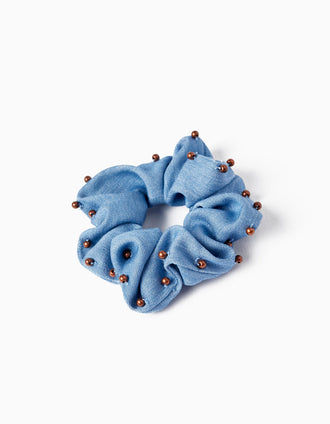 Elastic Scrunchie with Beads for Baby and Girl, Blue/Bronze