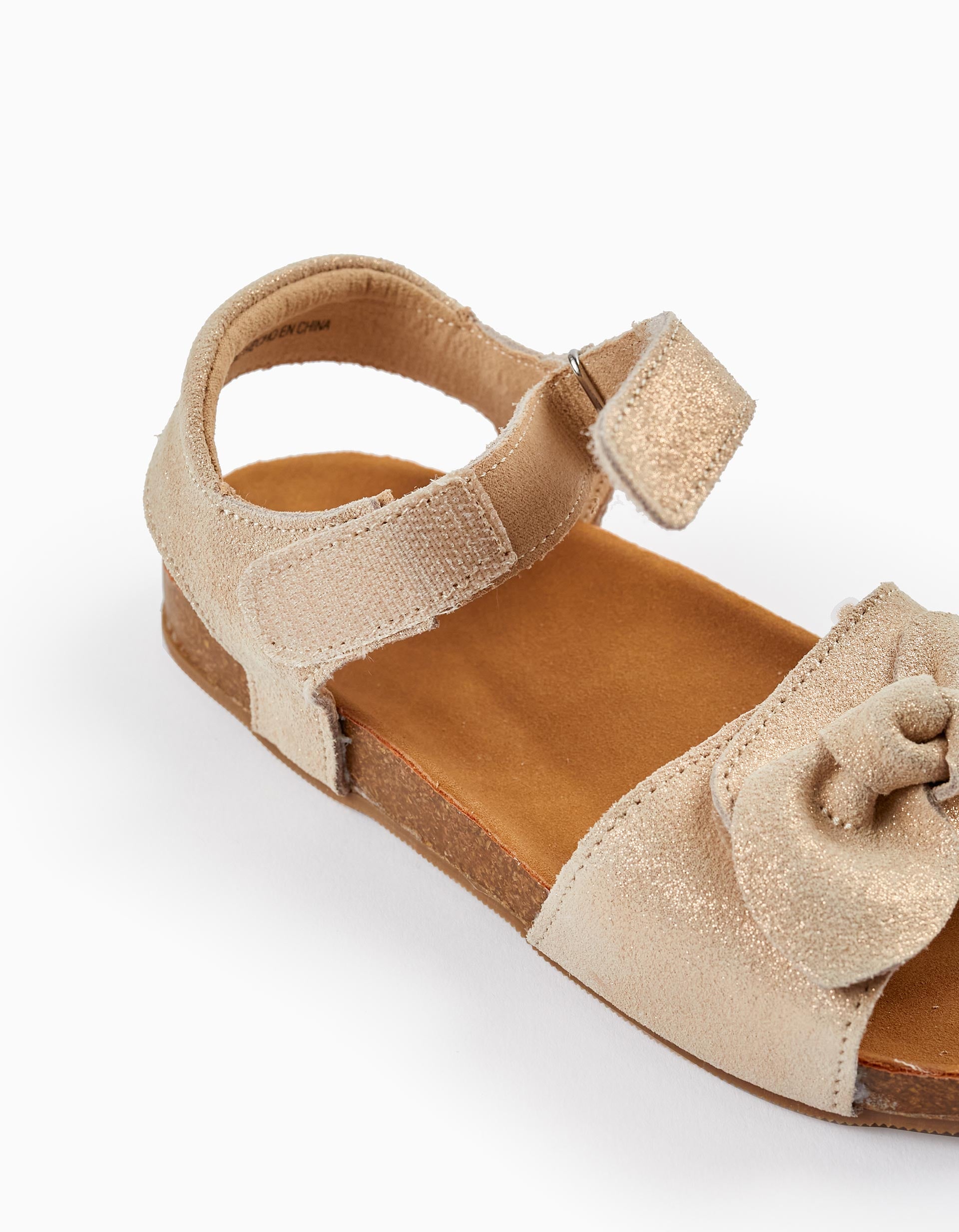 Sandalias de Cuero con Purpurina y Lazos para Niña, Beige Claro