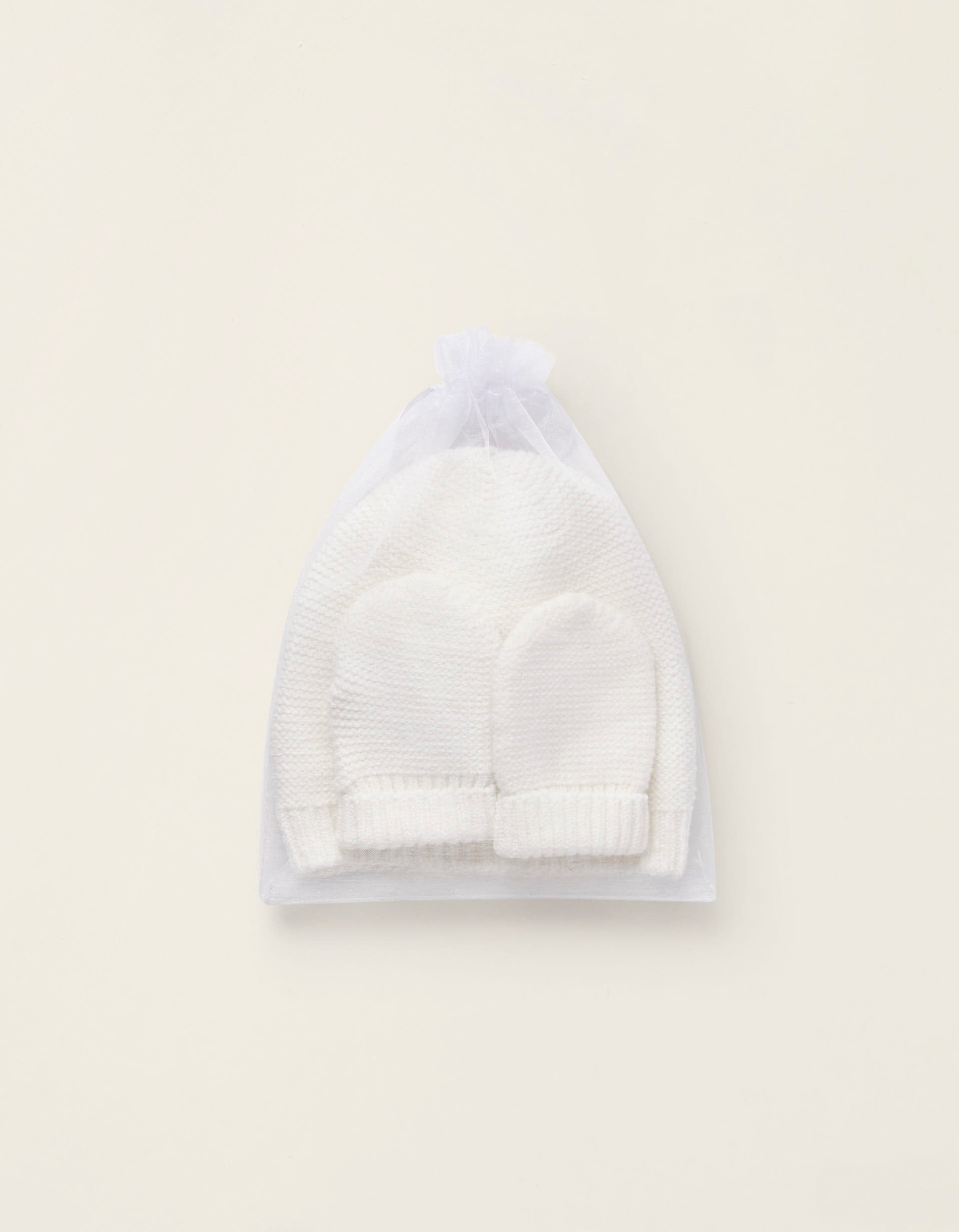 Gorro + Luvas em Malha para Recém-Nascido, Branco