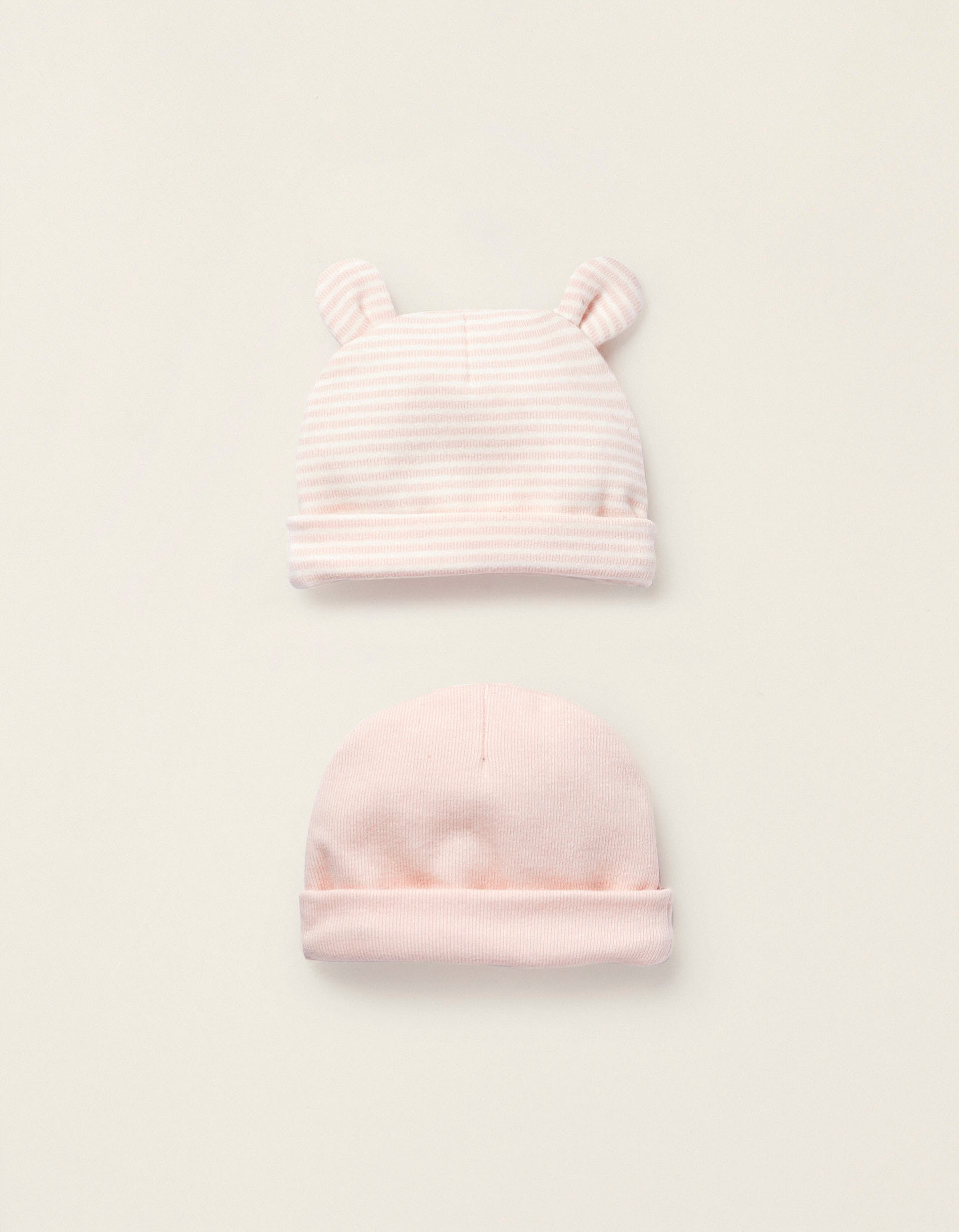 Pack 2 Bonnets en Coton pour Nouveau-Né, Rose/Blanc