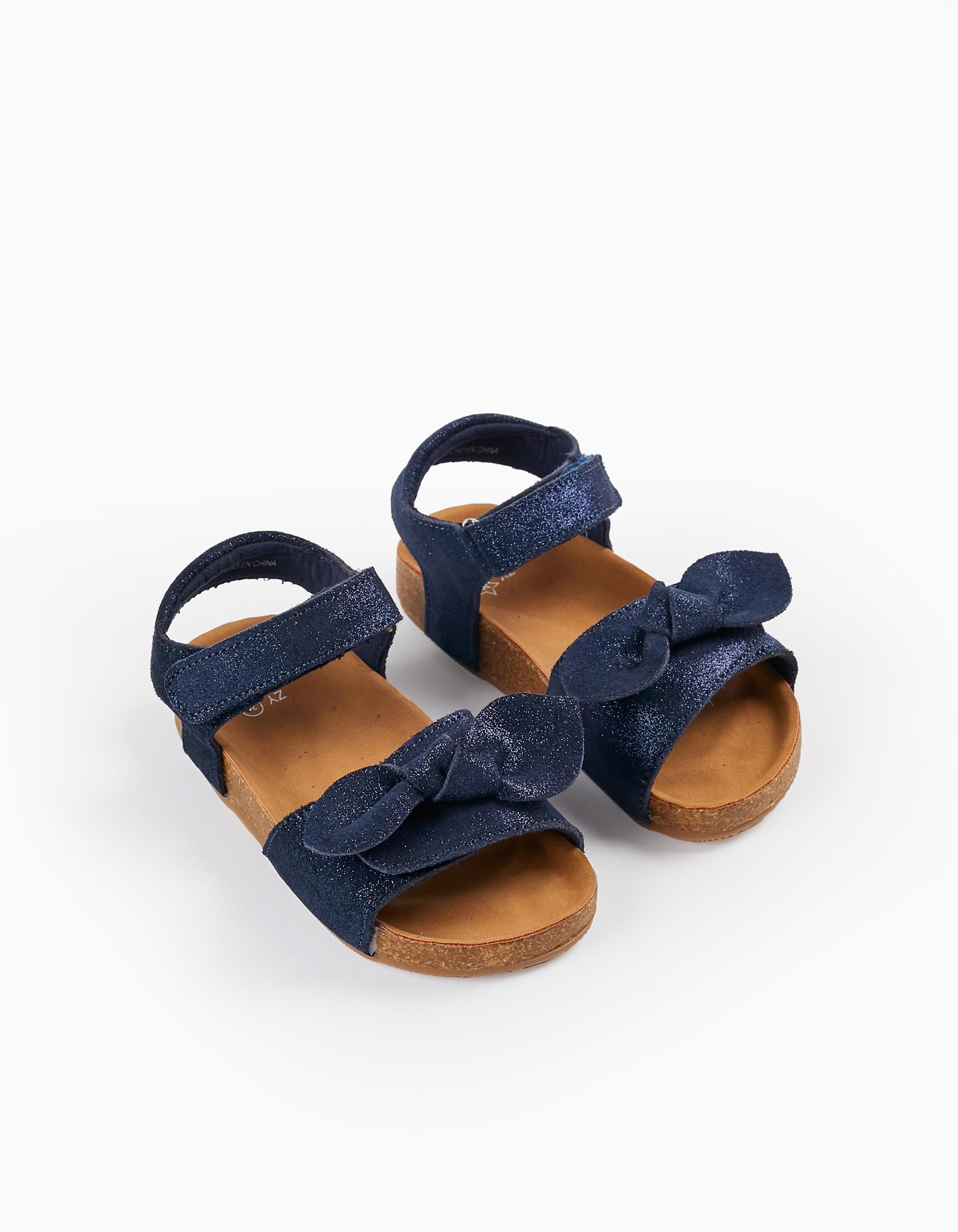 Sandales en cuir avec paillettes et nœud pour bébé fille, Bleu Foncé