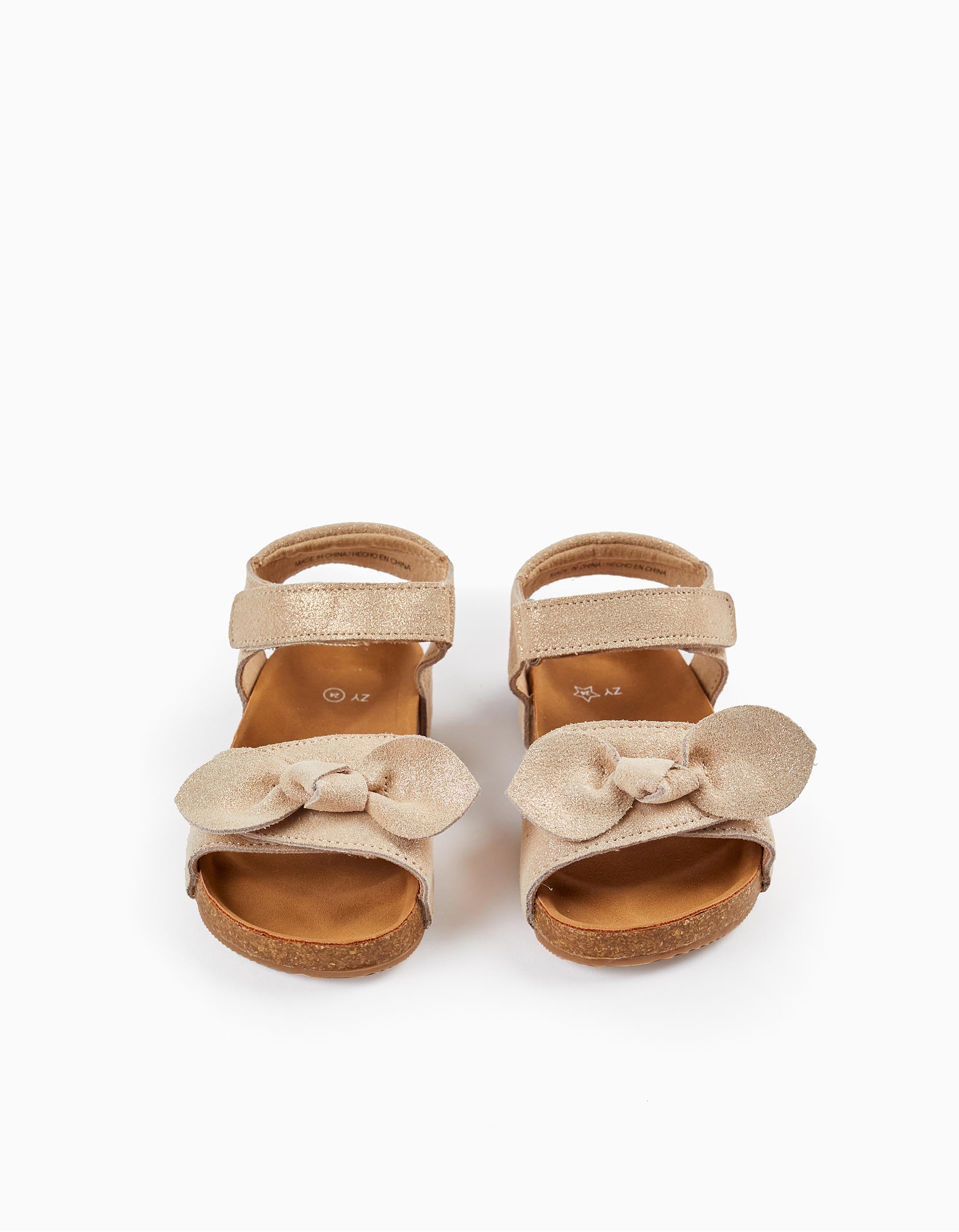 Sandales en cuir avec paillettes et nœud pour bébé fille, Beige Clair