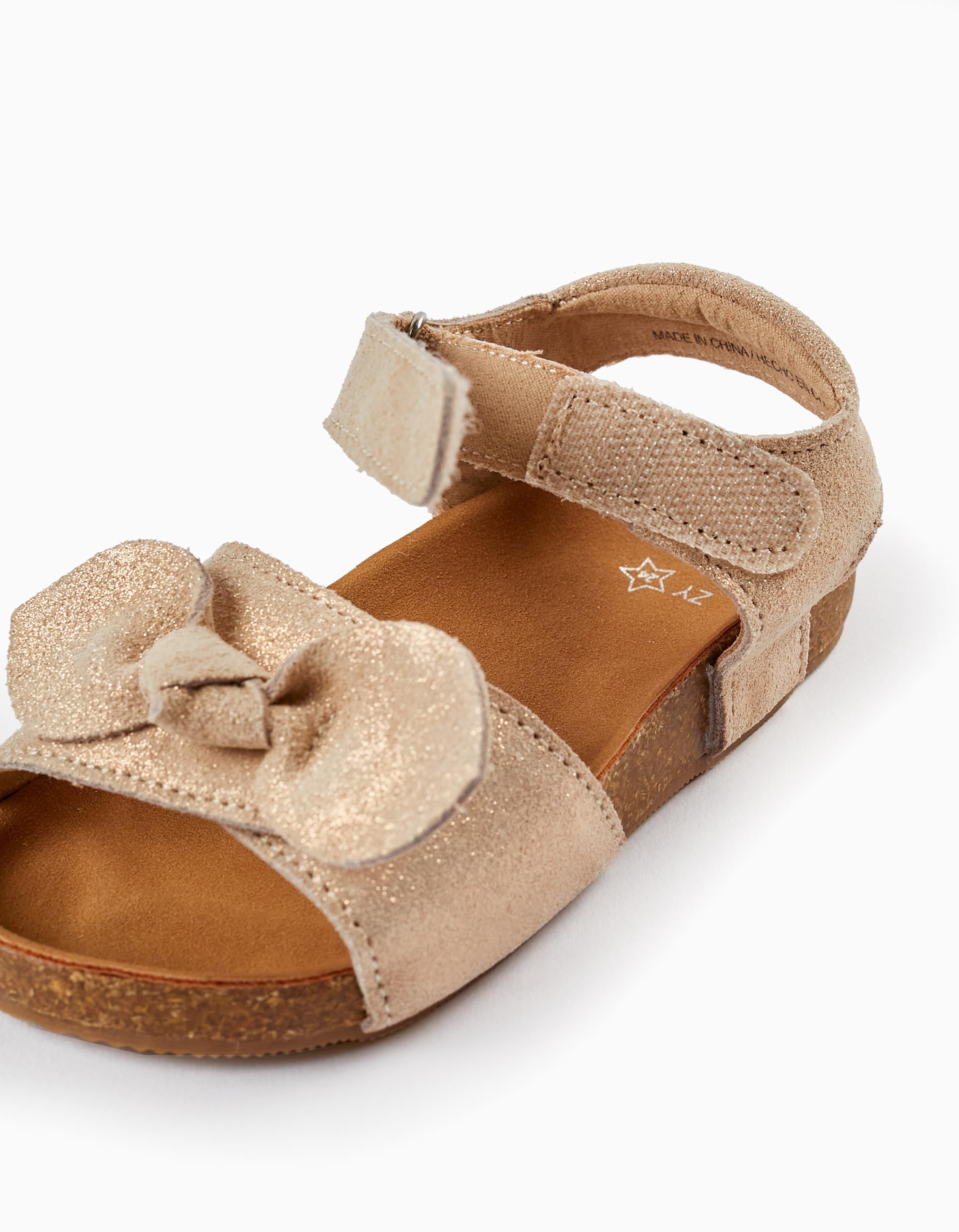 Sandales en cuir avec paillettes et nœud pour bébé fille, Beige Clair