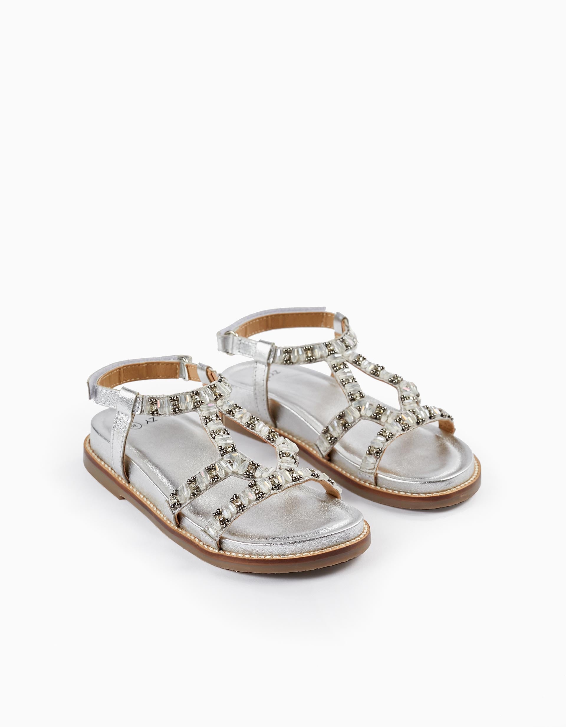 Leather Sandals with Beads for Girls, Silver