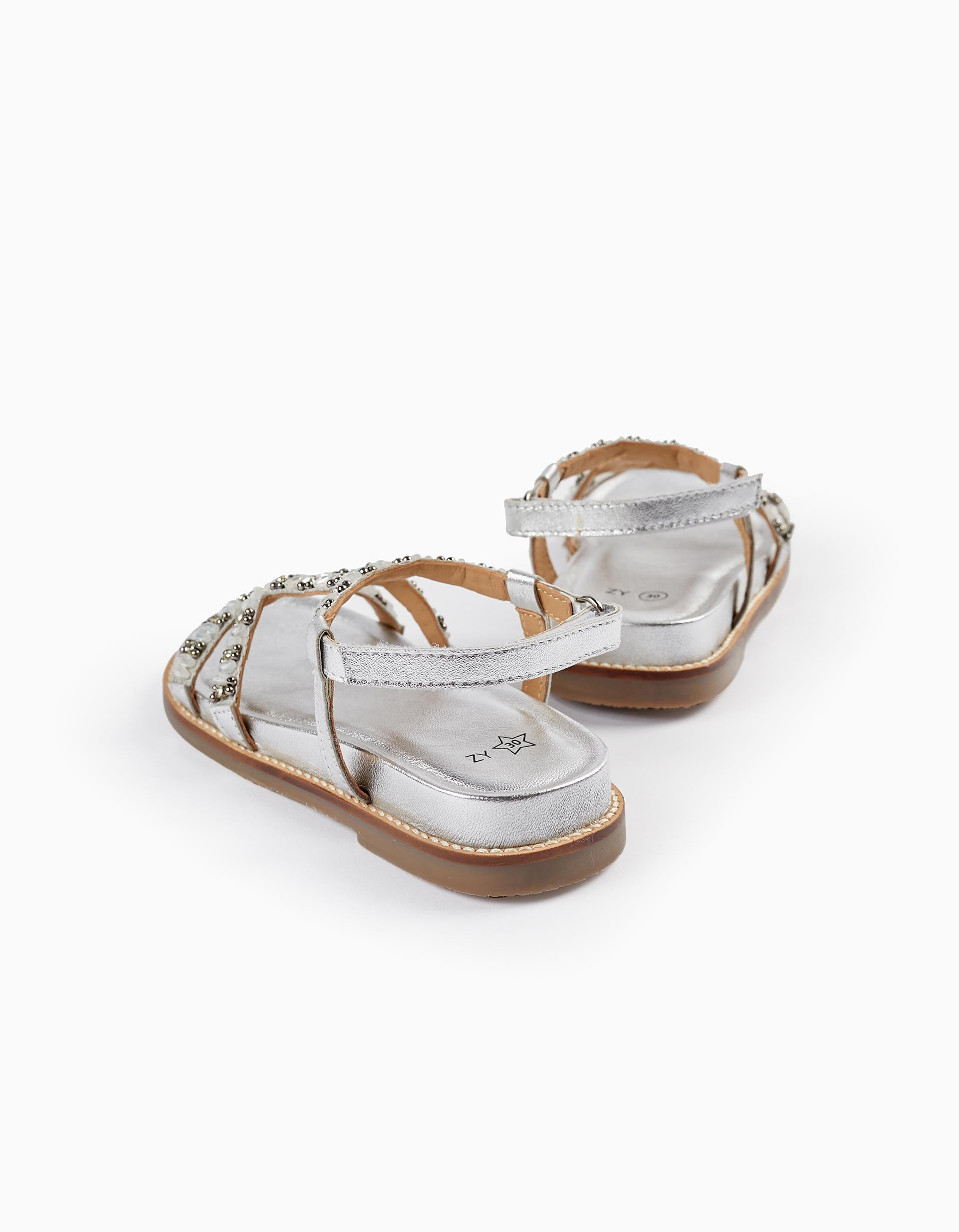 Leather Sandals with Beads for Girls, Silver