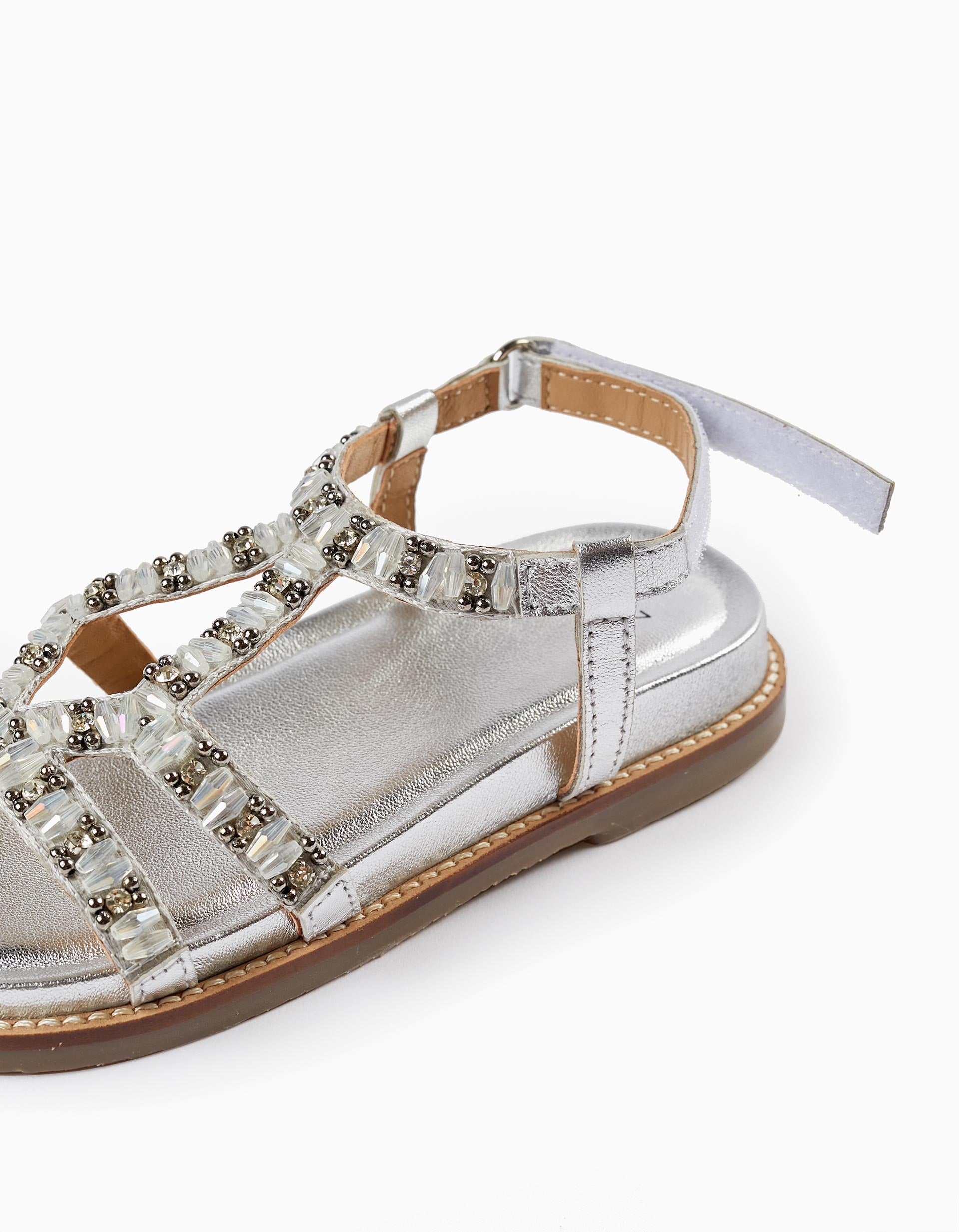 Leather Sandals with Beads for Girls, Silver