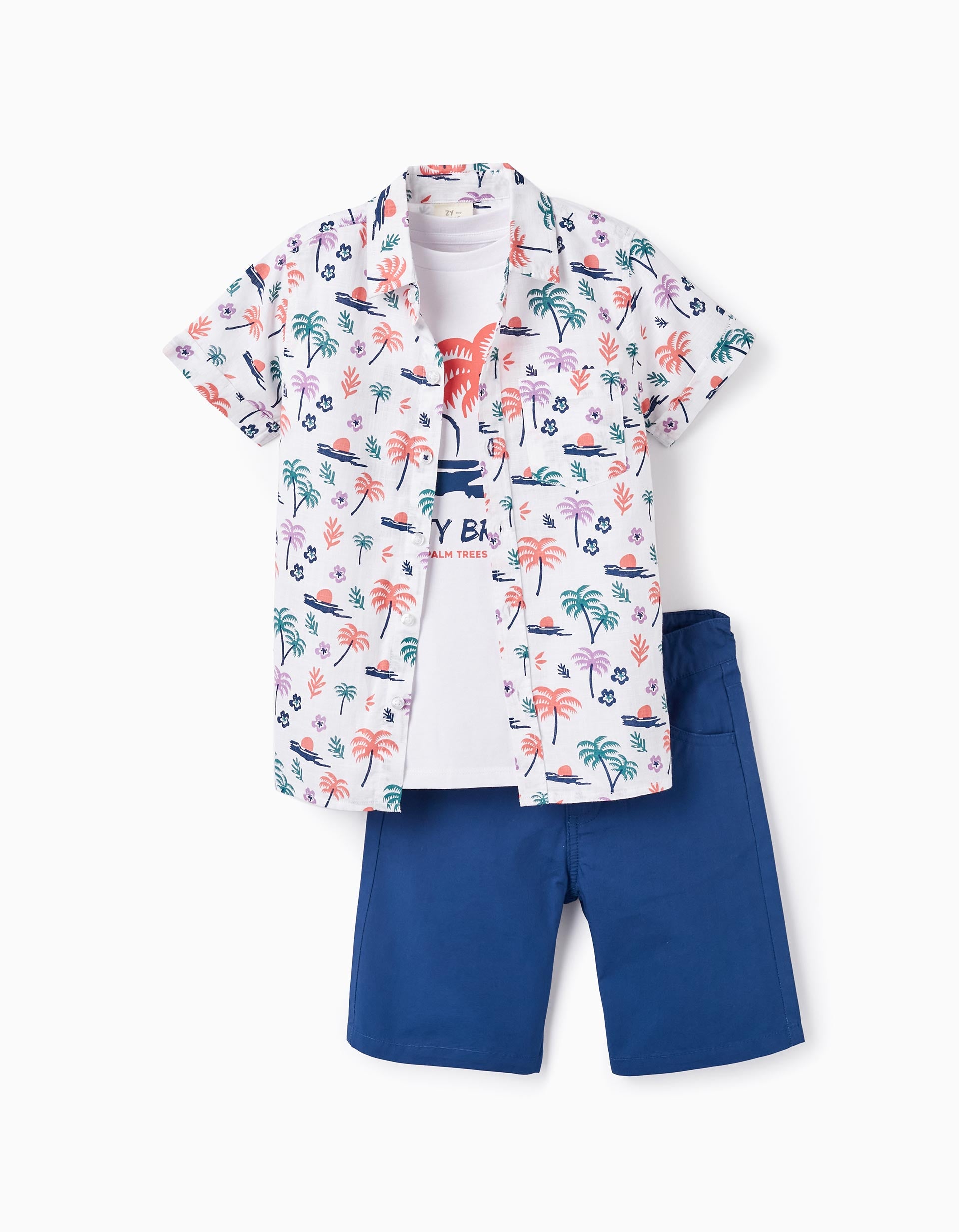 Camisa + Camiseta + Short para Niño 'Palmeras', Blanco/Azul