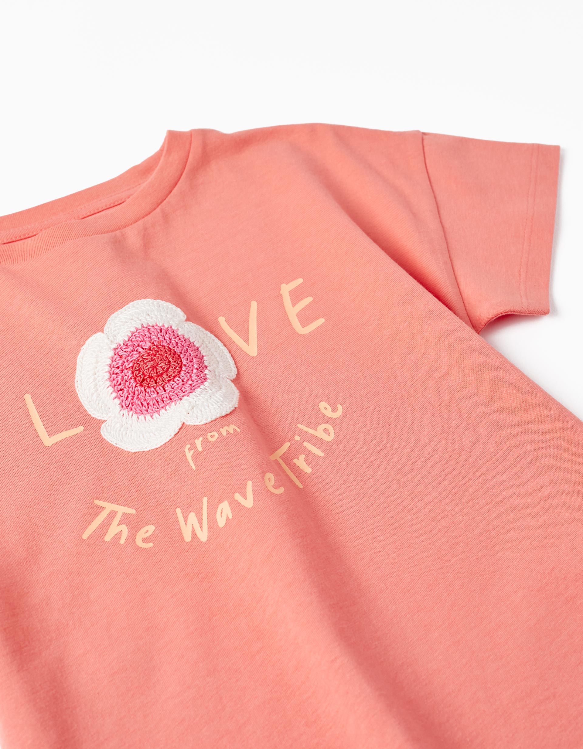 T-Shirt de Manga Curta com Flor Bordada para Menina 'Love', Coral