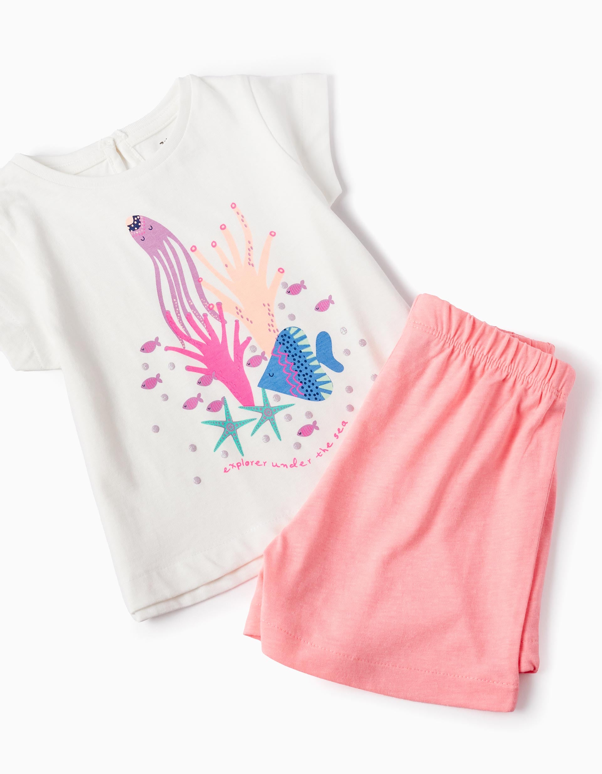 T-shirt + Shorts for Baby Girls 'Explorer', White/Coral