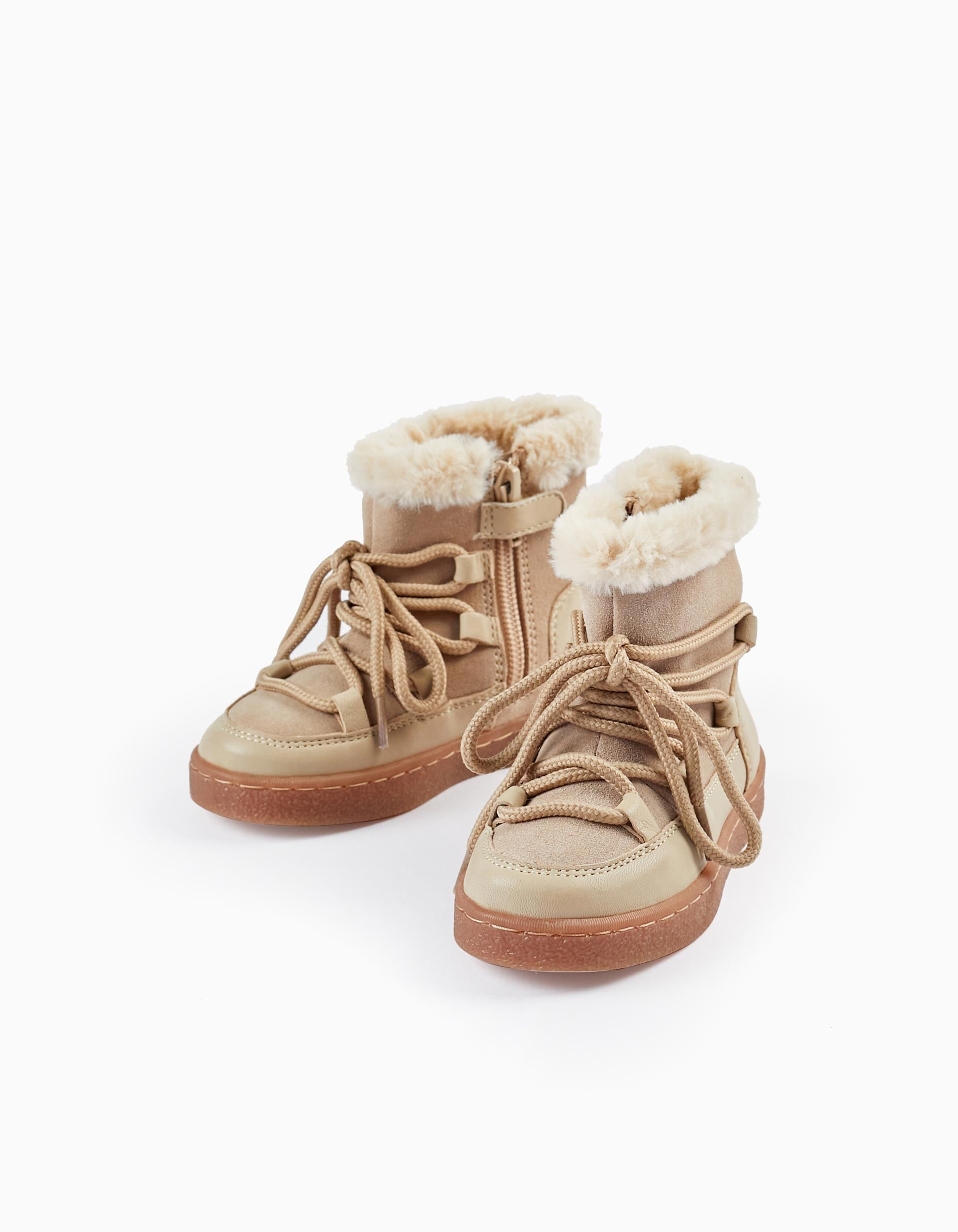 Bottes en Cuir et Peau avec Doublure en Fourrure pour Bébé, Beige