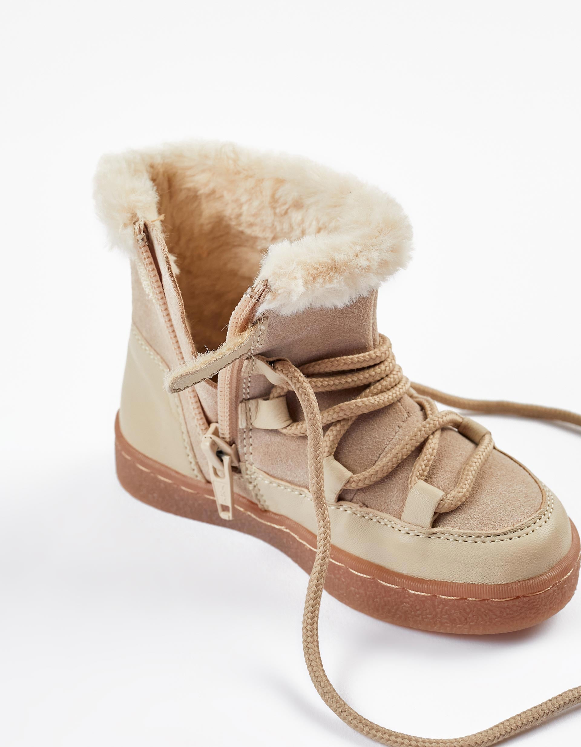 Bottes en Cuir et Peau avec Doublure en Fourrure pour Bébé, Beige