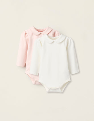 Pack 2 Bodies avec Col Claudine pour Nouveau-Née, Blanc/Rose