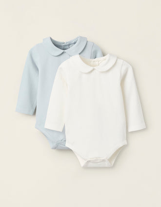 Pack 2 Bodies avec Col Claudine pour Nouveau-Né, Blanc/Bleu