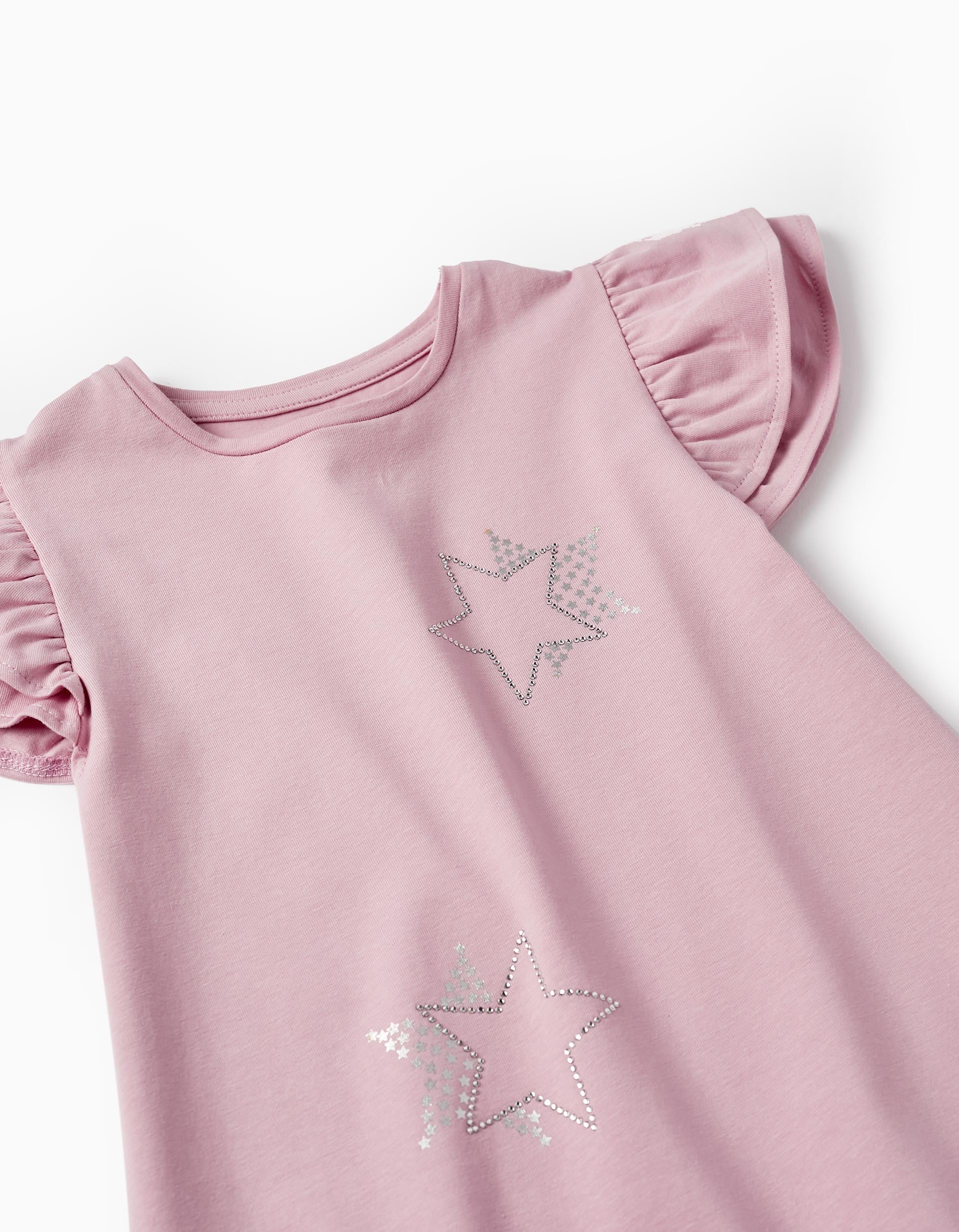 T-shirt en jersey de coton avec volants et brillants pour fille, Rose