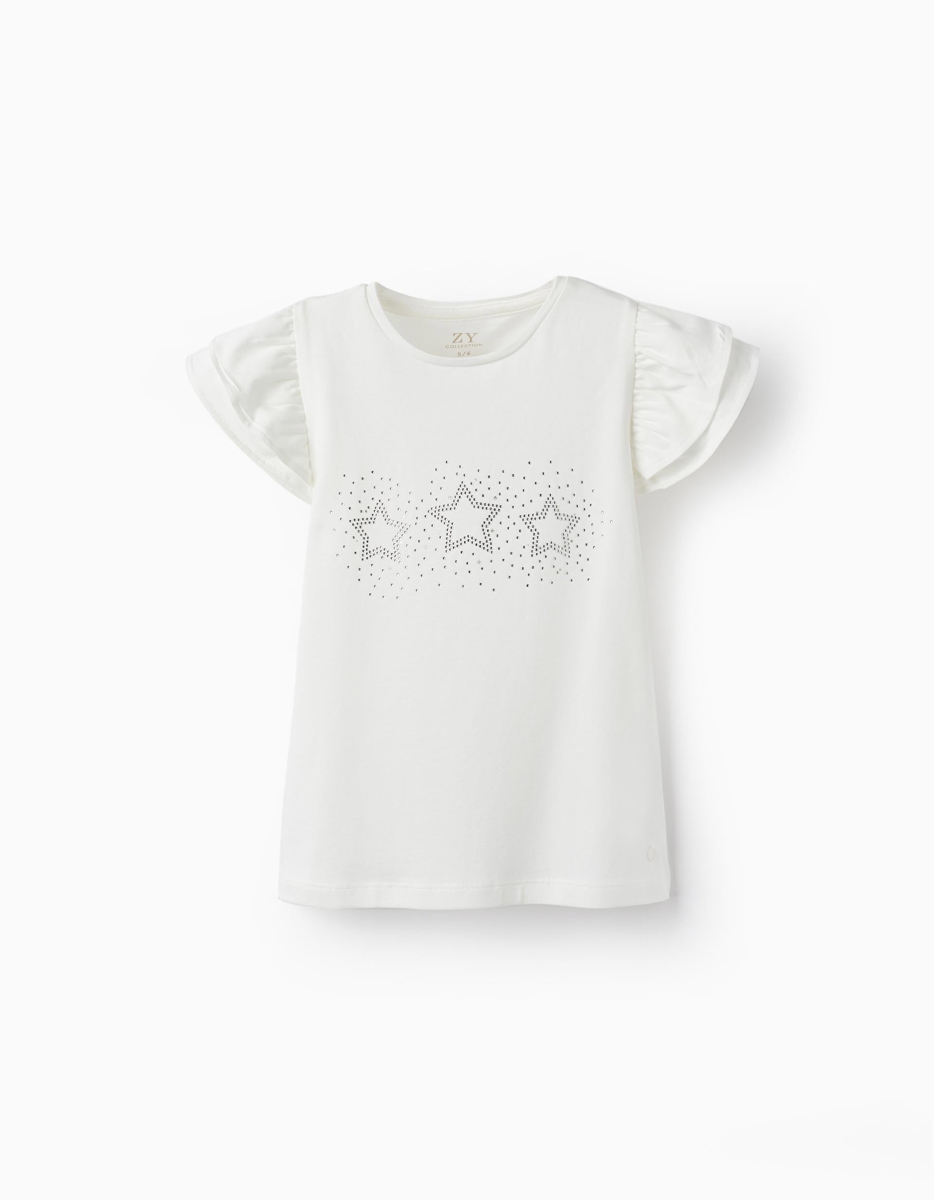 T-shirt en jersey de coton avec volants et brillants pour fille, Blanc