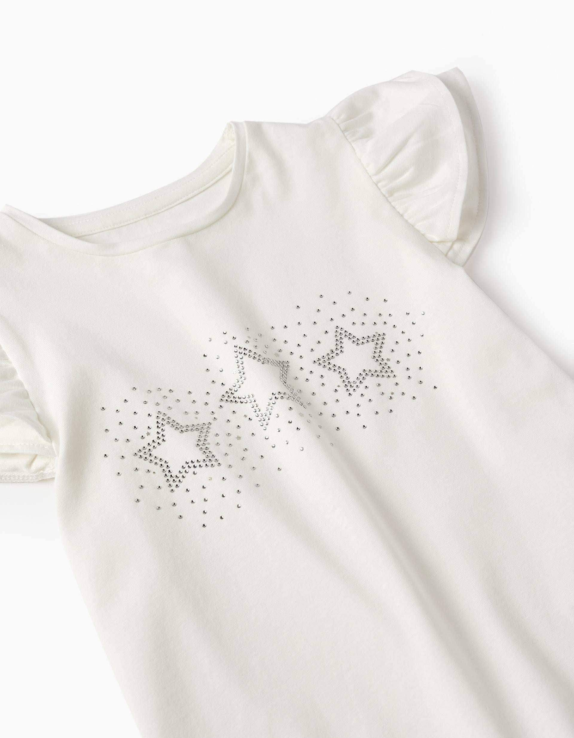 T-shirt en jersey de coton avec volants et brillants pour fille, Blanc