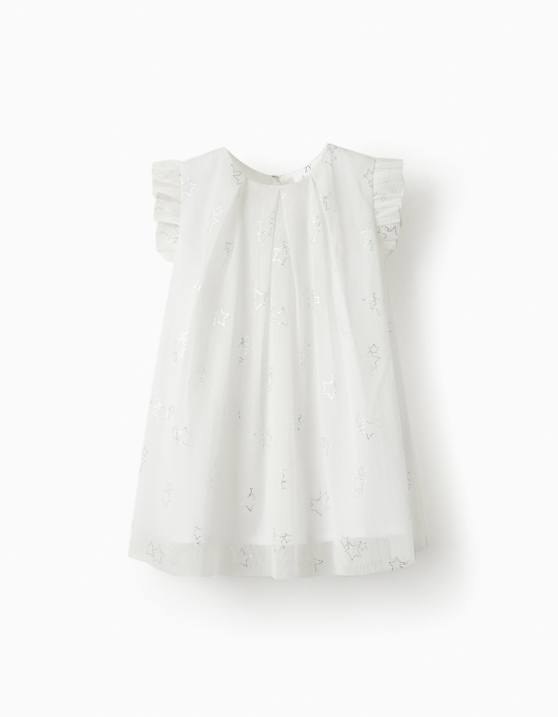 Vestido em Tule e Algodão para Bebé Menina, Branco