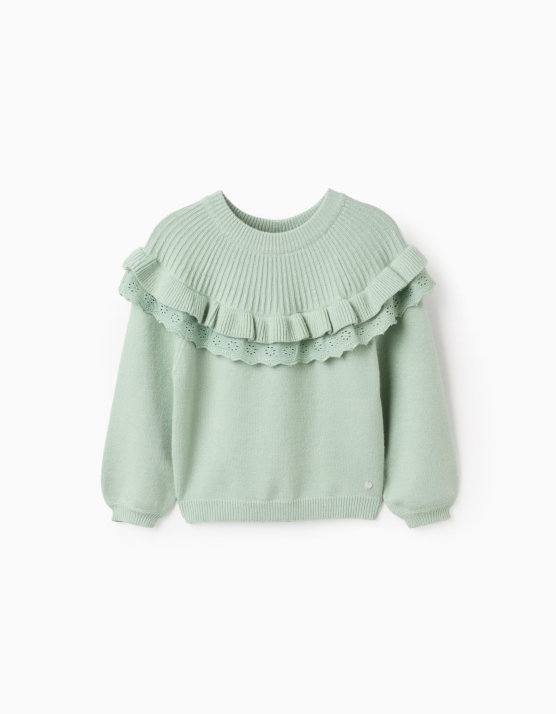 Knitted Jumper with Frills and Broderie Anglaise for Girls, Green