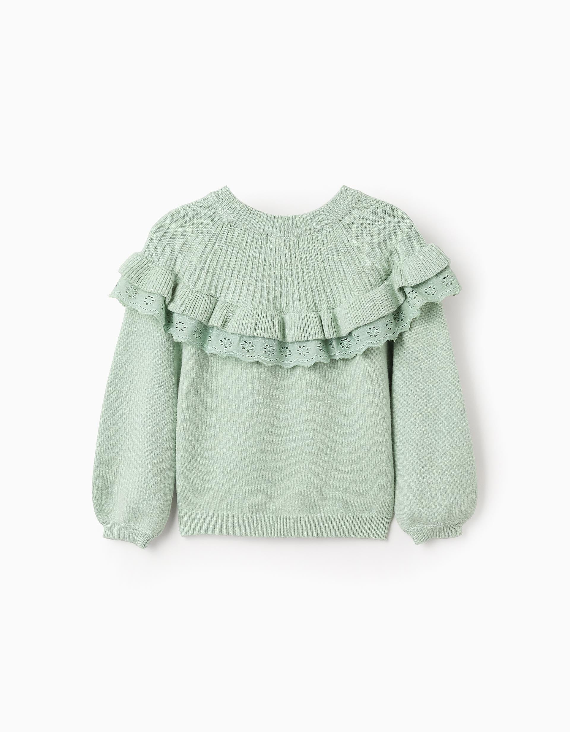 Pull en Maille avec Volants et Broderie Anglaise pour Fille, Vert